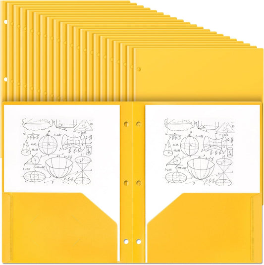 Yeaqee 100 Pcs Plastic Folders with Pockets Bulk 3 Hole Punched 2 Pocket File Folders for 3 Ring Binder Divider Folder for Notebooks, Durable Poly for Office Home (Yellow)