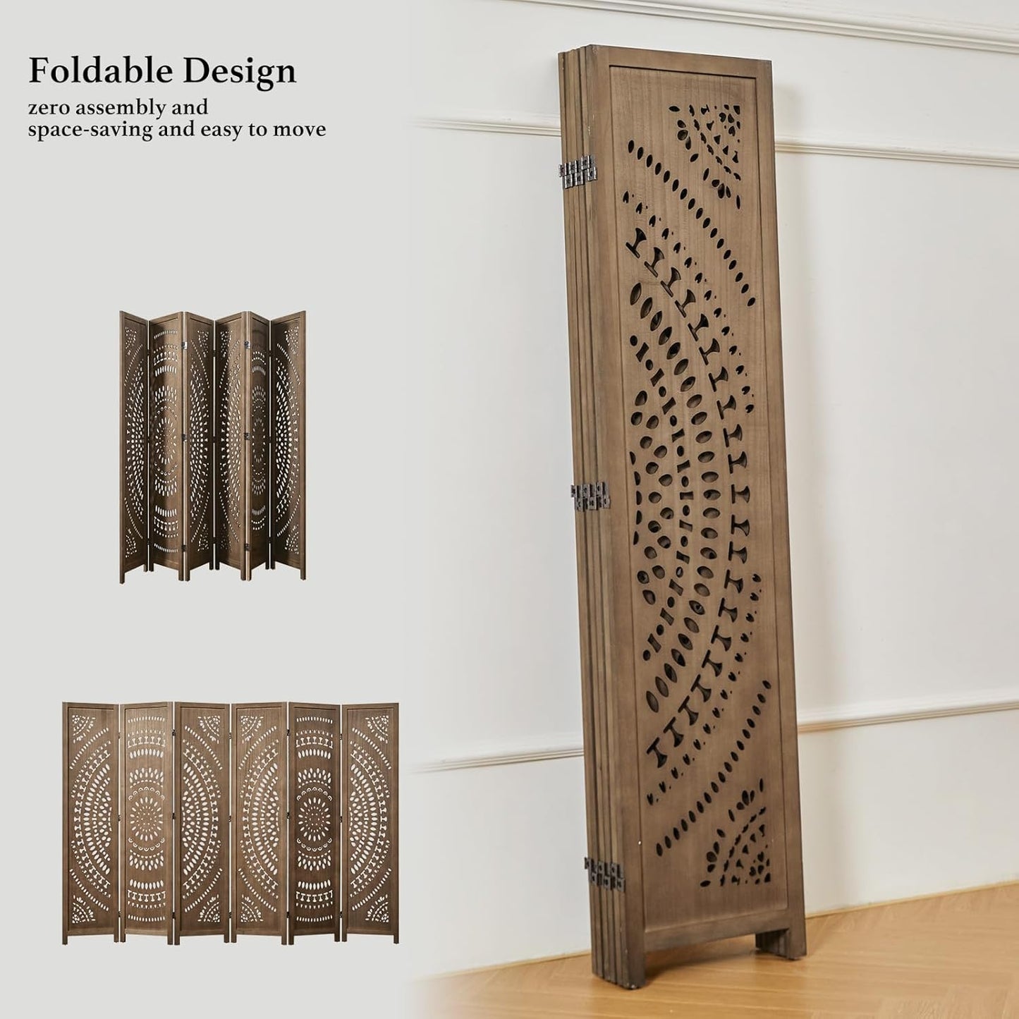 66.9Inch Folding Room Divider, 6 Panels Wood Carved Privacy Screens Free Assembled Freestanding Partition for Bedroom Home Office (Brown)