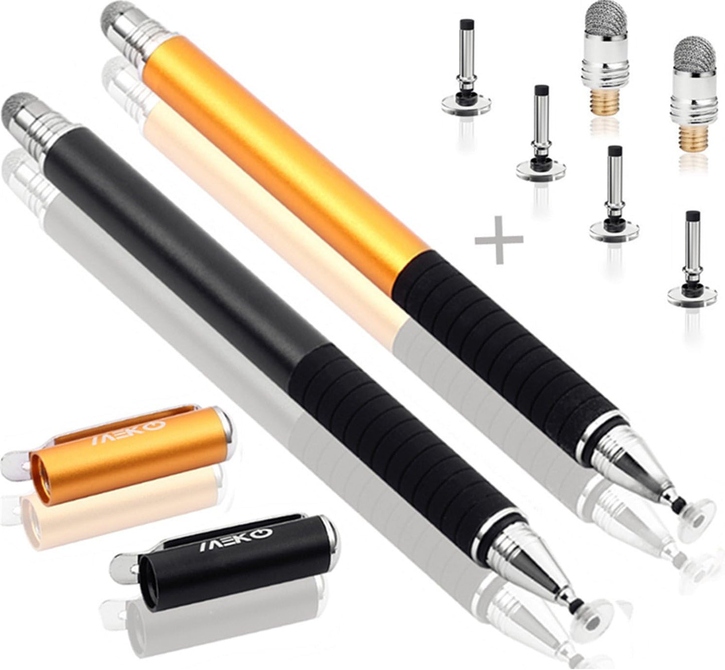 MEKO(2 Pcs) [2 in 1 Precision Series] Disc Stylus/Styli for All Touch Screen Devices Bundle with 4 Replaceable Disc Tips, 2 Replaceable Fiber Tips - (Black/Gold)