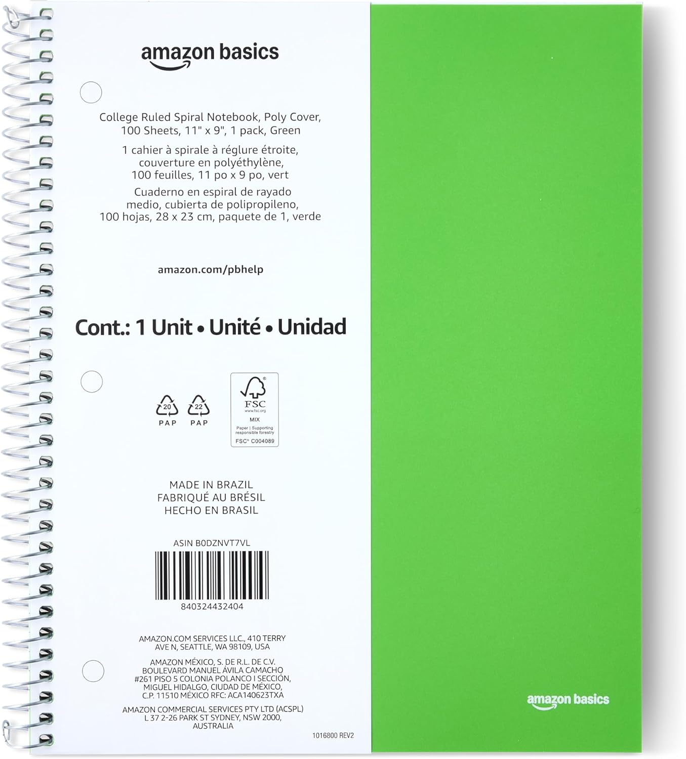 Amazon Basics College Ruled Spiral Notebook, Poly Cover, 100 Sheets, 11" x 9", Green, 1 pack