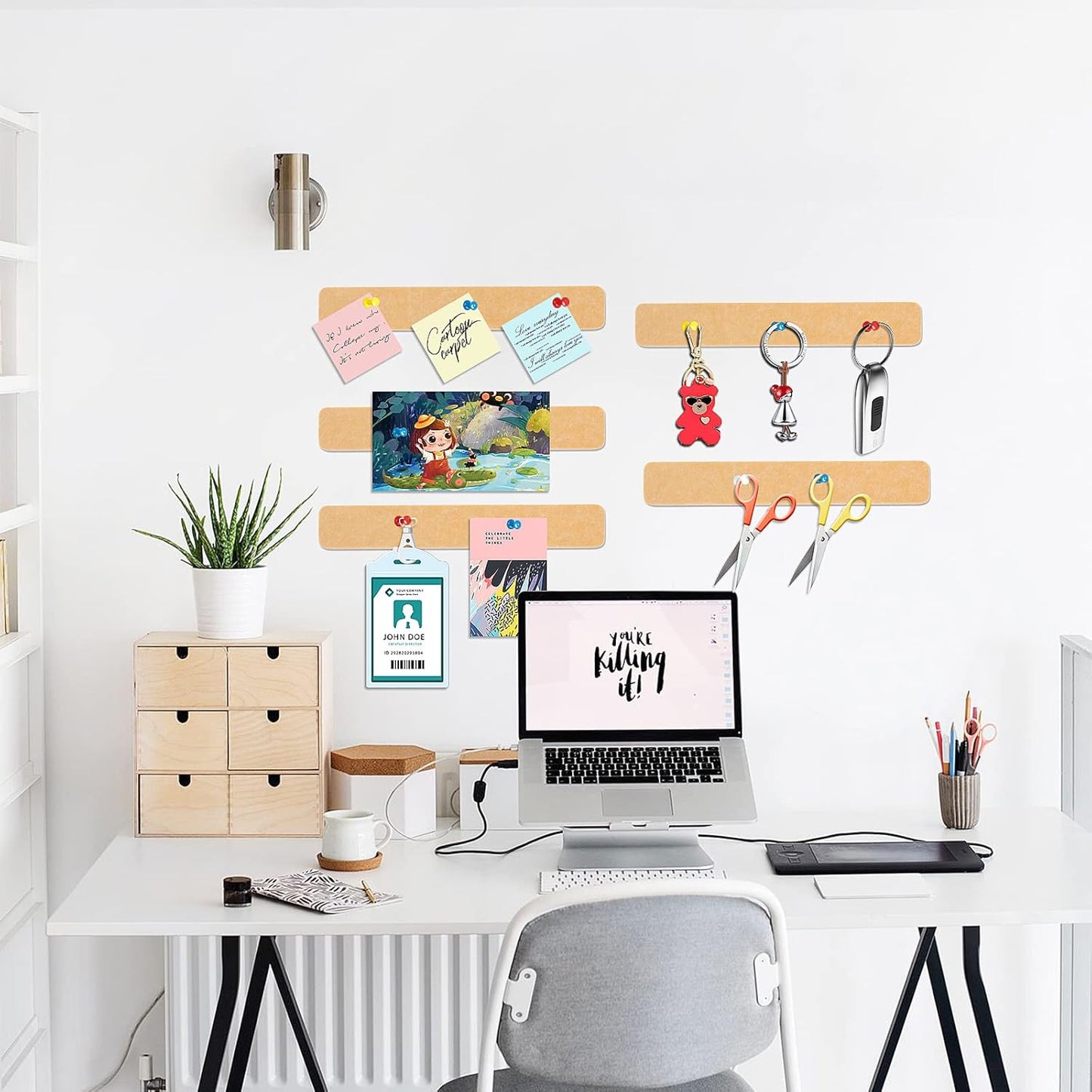 5 Pack Felt Pin Board Bar Strips Bulletin Board for Bedrooms Offices Home Wall Decoration, Notice Board Self Adhesive Cork Board with 35 Push Pins for Paste Notes, Photos, Schedules (Peach)