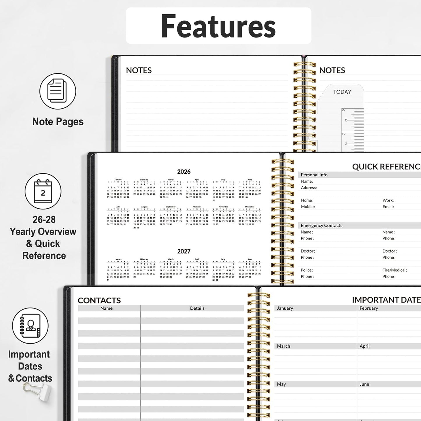 SUNEE 2026 Appointment Book, Quarter-Hourly, Weekly & Monthly - from January 2026 - December 2026, 6.4"x8.3" Weekly Planner, Flexible Cover, Note Pages, Pockets, Bookmark, Spiral Binding, Black