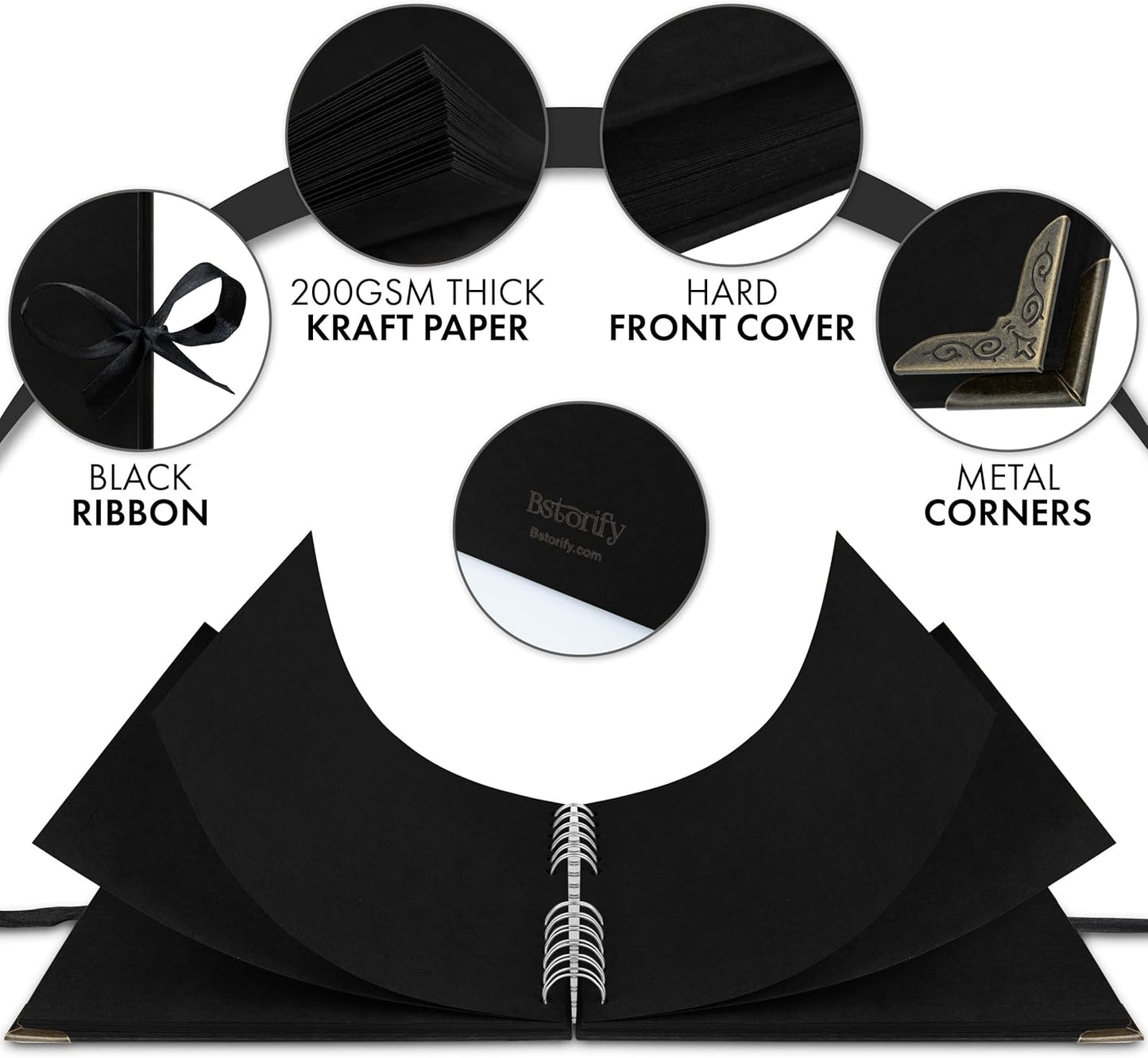 Bstorify Scrapbook Album 60 Pages (8 x 8 inch) Black Thick 250gsm Kraft Paper, Corner Protectors - Scrap Book, Ribbon Closure - Ideal for Your Scrapbooking Albums, Art & Craft Project