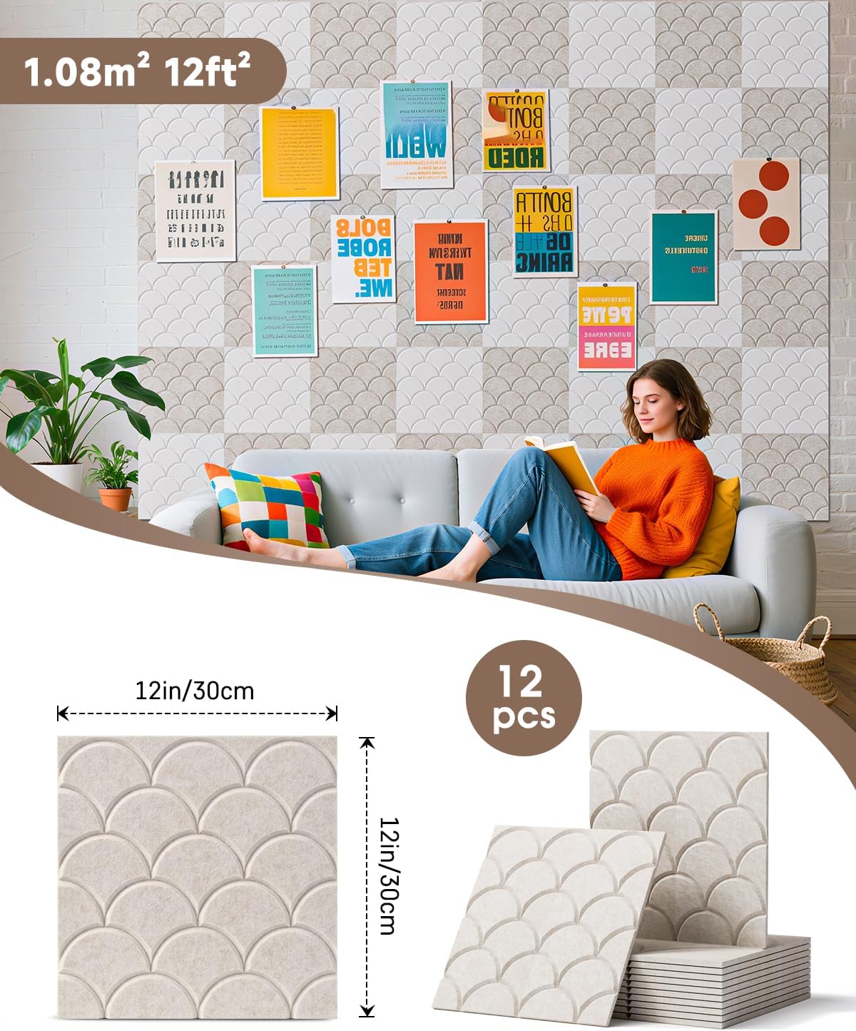 Acoustic Panels Self-Adhesive, 12 Pack Sound Proof Foam Panels for Walls, 12" X 12" X 0.4" High Density Soundproof Wall Panels for Door, Ceiling, Home Office White