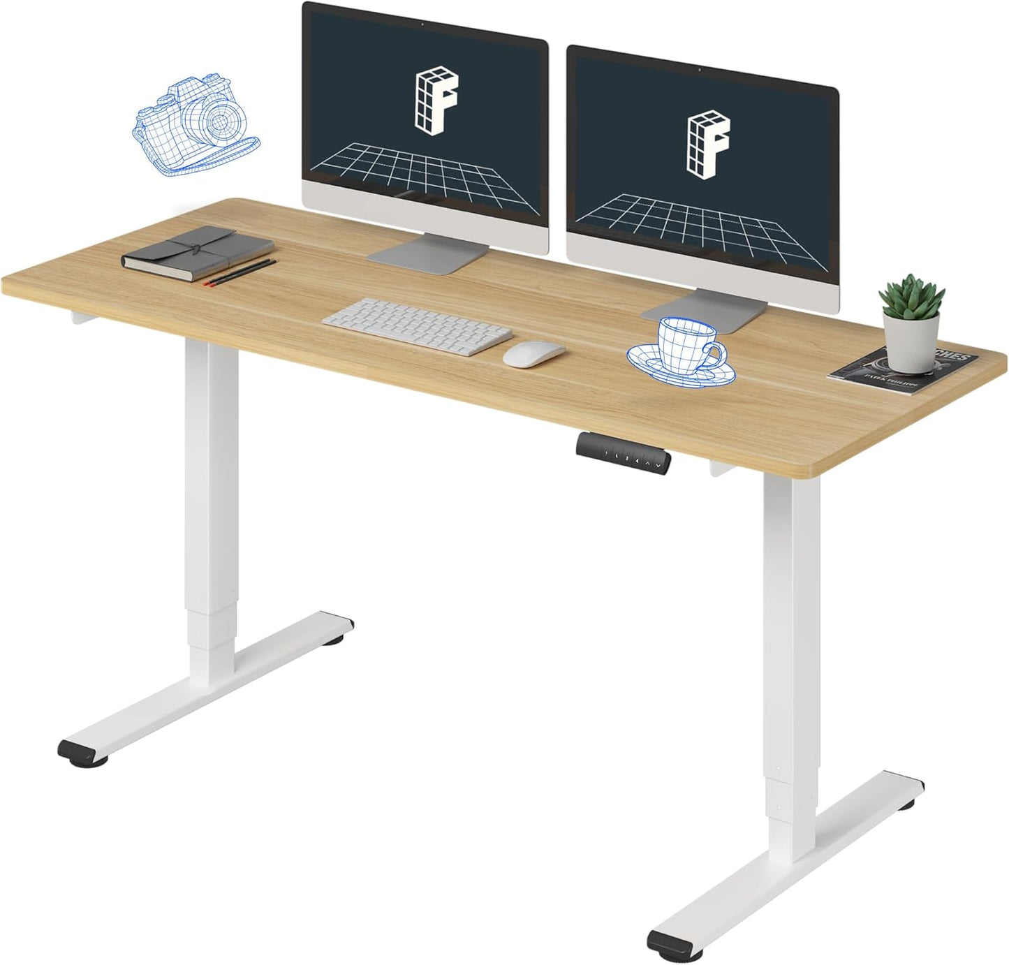 FLEXISPOT E6 Essential Standing Desk 3 Stages Dual Motor Electric 60x24 Inch Whole-Piece Board Height Adjustable Electric Sit Stand Desk(White Frame + Maple Desktop, 2 Packages)