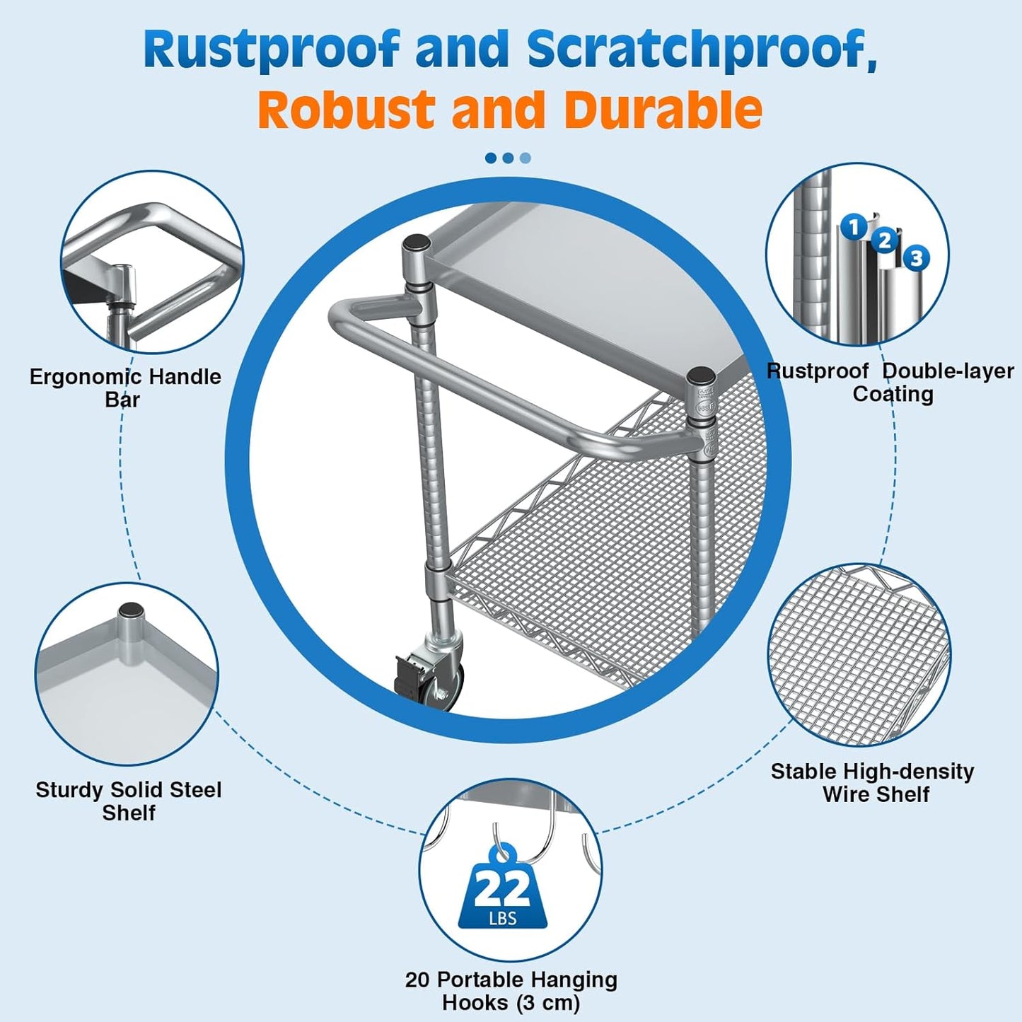 Leteuke 2 Tier Utility Tool Cart with Wheels, 900LBS Capacity Heavy Duty Rolling Utility Carts with Handle, Commercial Grade Metal Serving Storage Cart for Warehouse Garage Kitchen,Silver