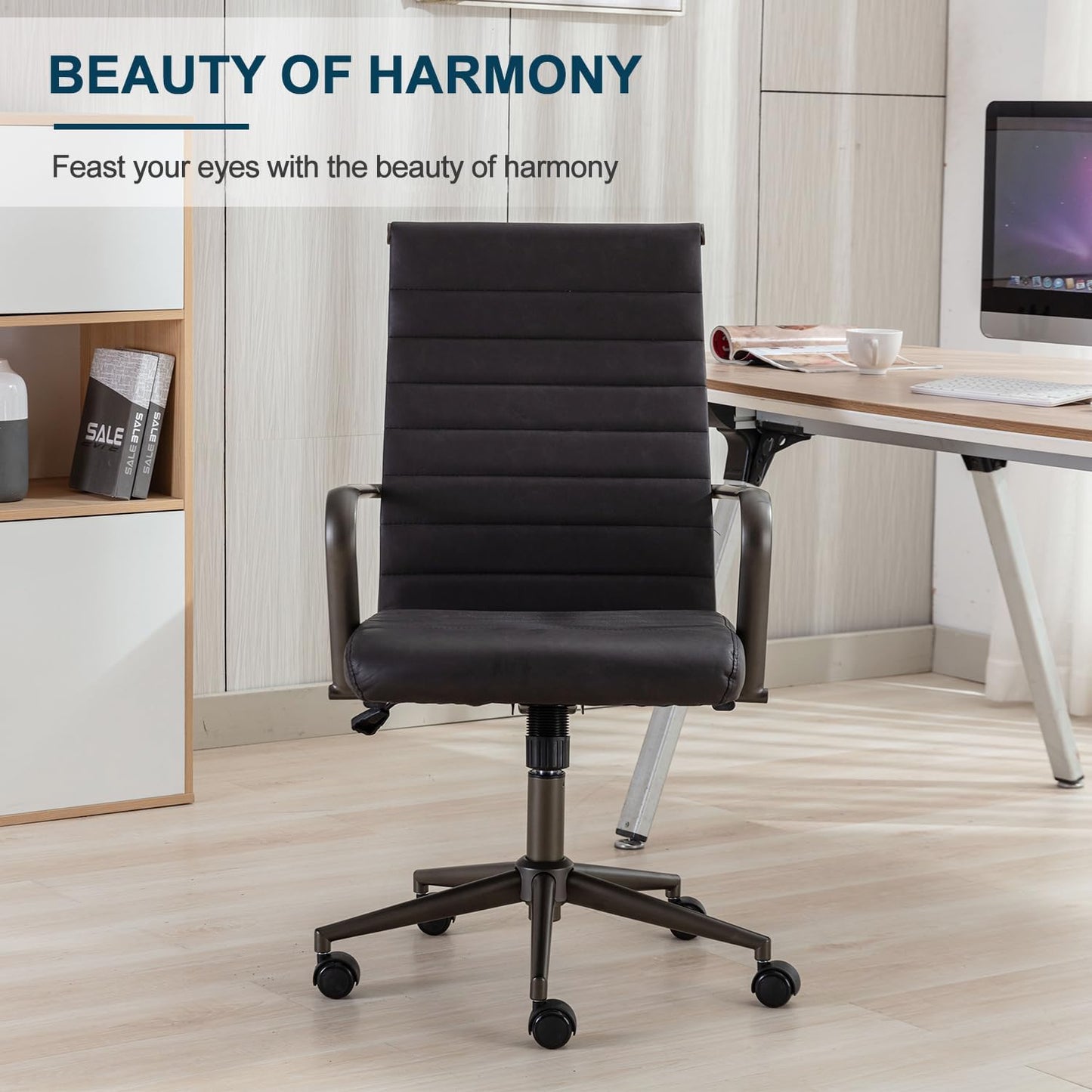 Okeysen Office Desk Chair Conference Room Chairs Modern Ergonomic Executive Swivel Chair Adjustable Height PU Leather Home Desk Chair with Armrests Comfy Computer Task Chairs with Wheels (Retro Black)