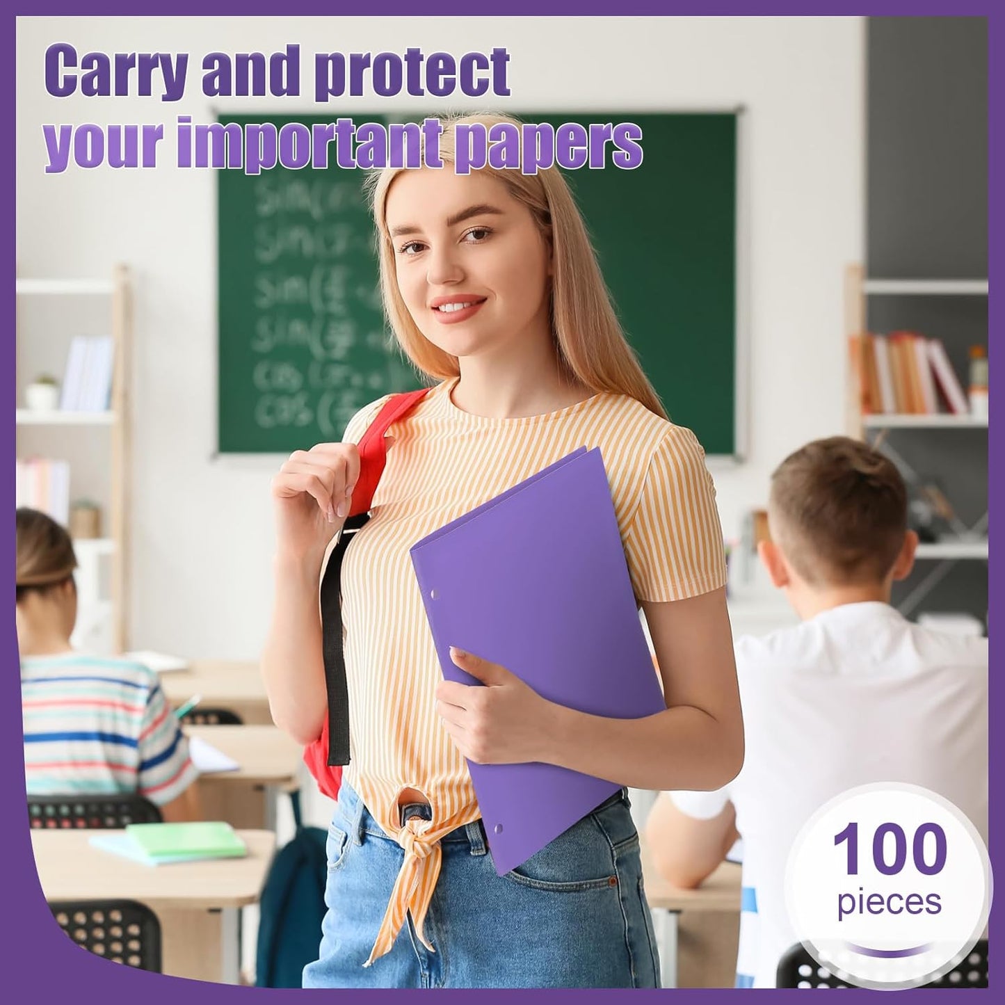 Yeaqee 100 Pcs Plastic Folders with Pockets Bulk 3 Hole Punched 2 Pocket File Folders for 3 Ring Binder Divider Folder for Notebooks, Durable Poly for Office Home (Purple)