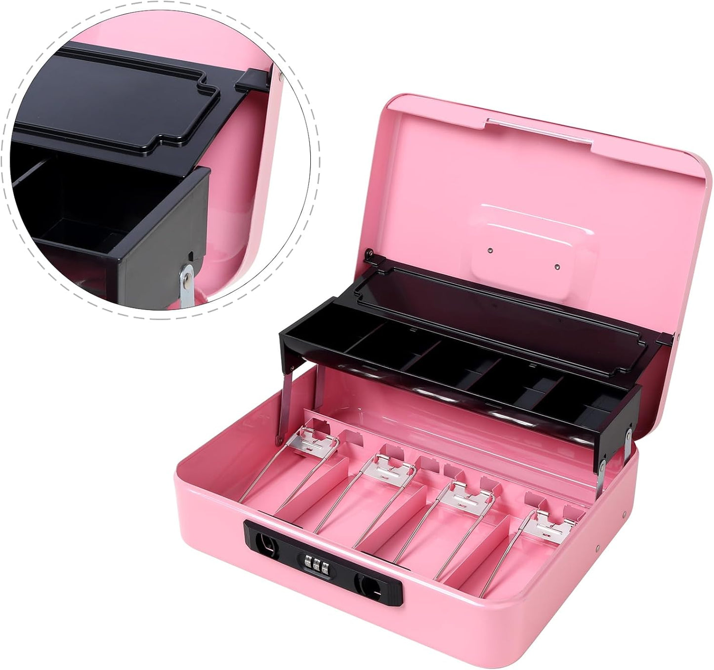 Jssmst Locking Cash Box with Coin Lid, 11.8L x 9.5W x 3.5H Inches, Latch Safe Money Box with Combination Lock, Pink