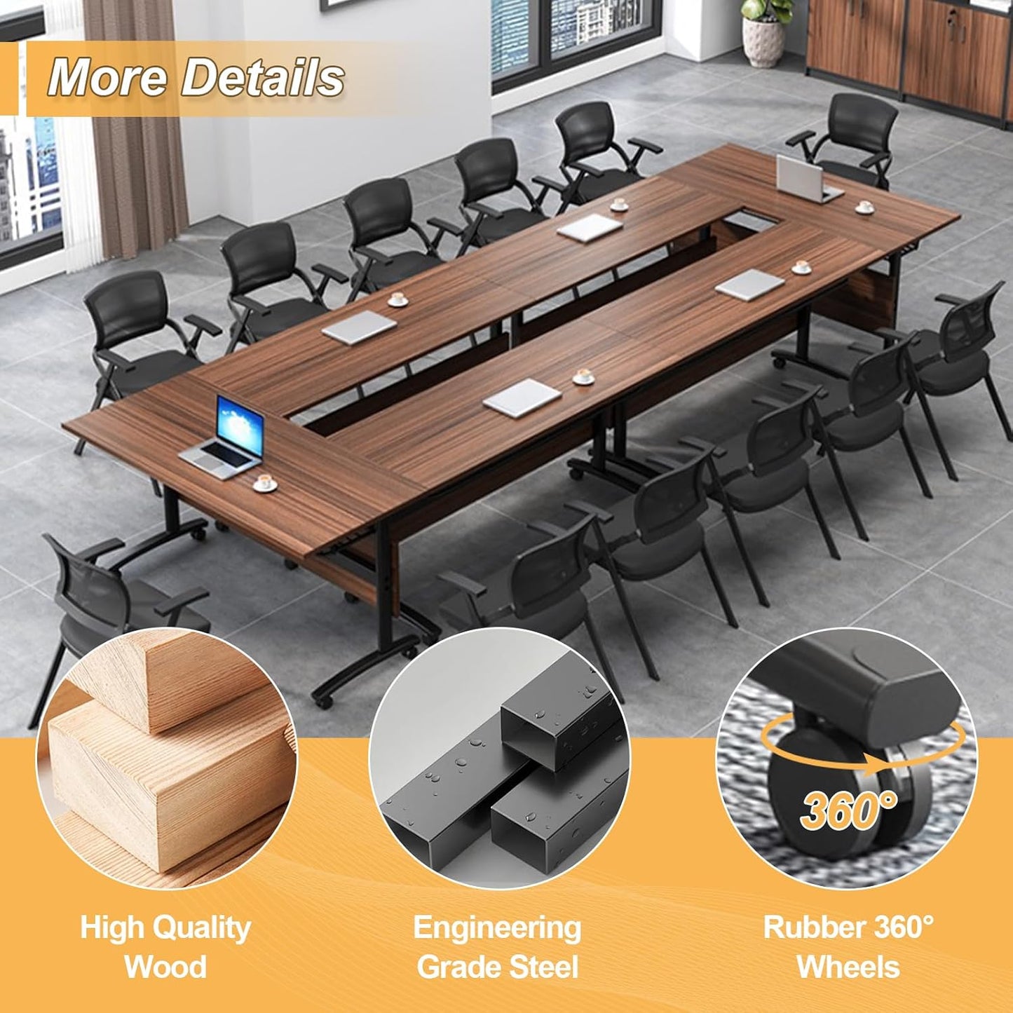 Conference Room Table with Silent Wheels, Mobile Folding Conference Table for 16 Person,Flip Top Office Training Tables with Walnuts Wood Tabletop, for School,Business Meeting Rooms (2 Pack 47in)