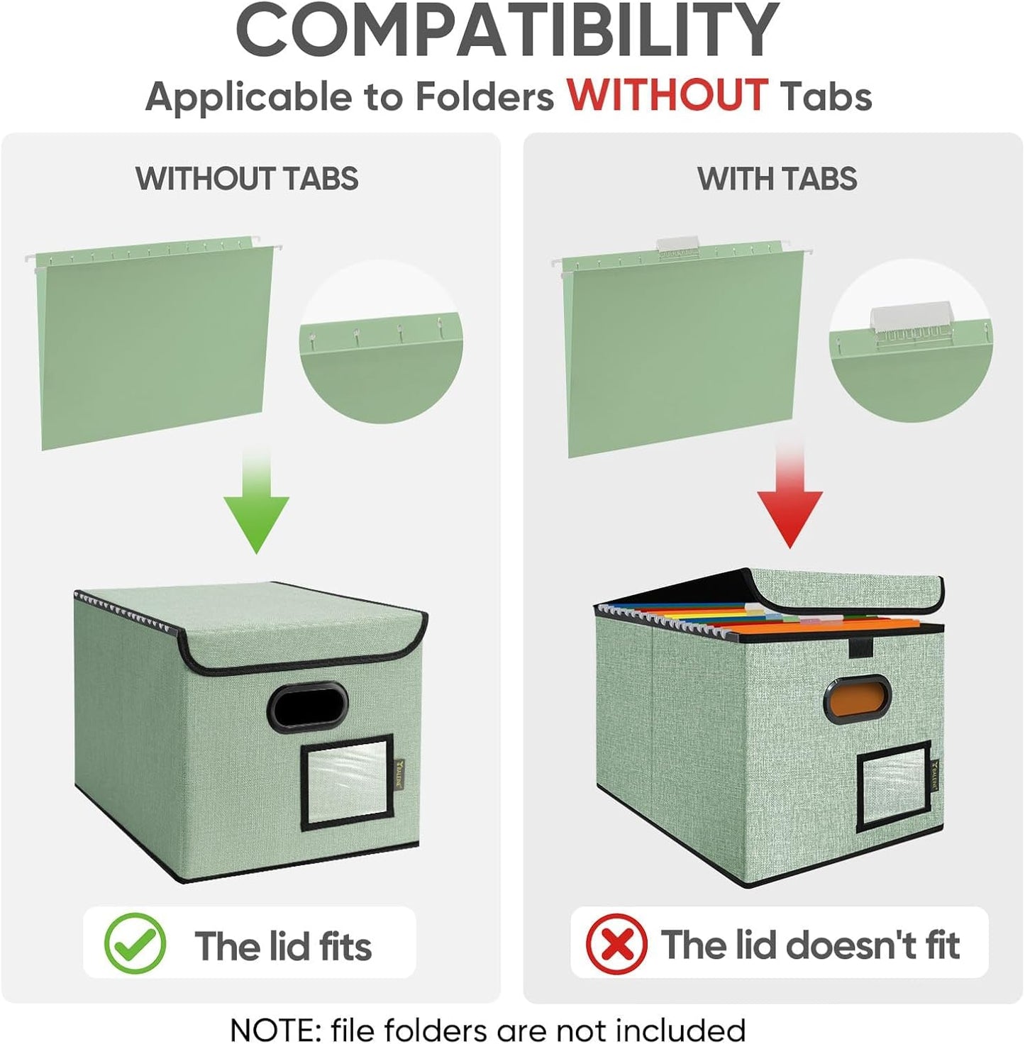 BALEINE File Organizer Box with Lid, Collapsible File Folder Organizer with Plastic Slide, Hanging File Folder Box for Office Document Storage (2 Pack, Green)