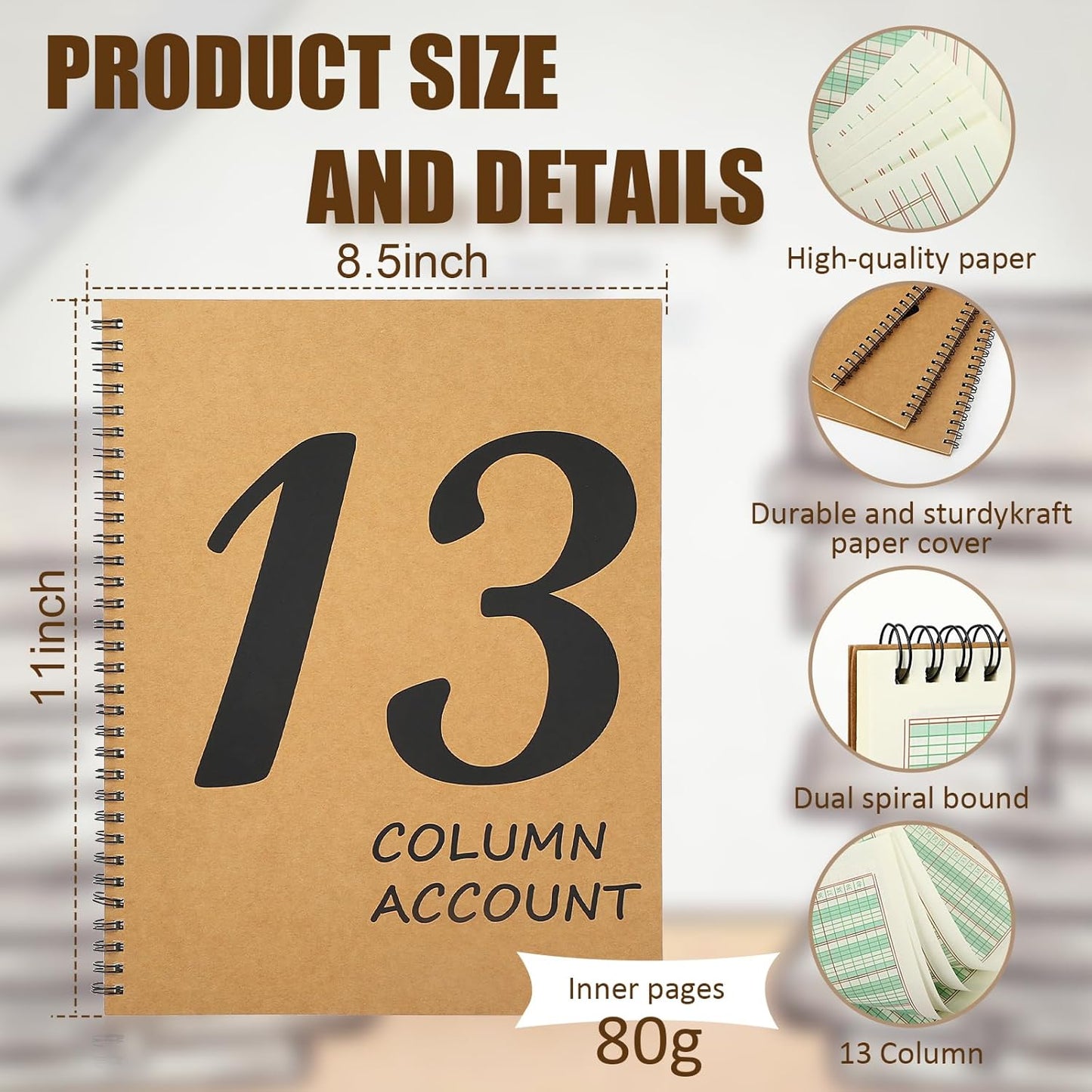 3 Pcs 13 Column Ledger Book 8.5 * 11inch Account Book Notebook Columnar Pad Columnar Pad 13 Columns Premium Analysis Pad Kraft Paper Cover 100 Pages for Personal Use Small Business(50 Sheet)