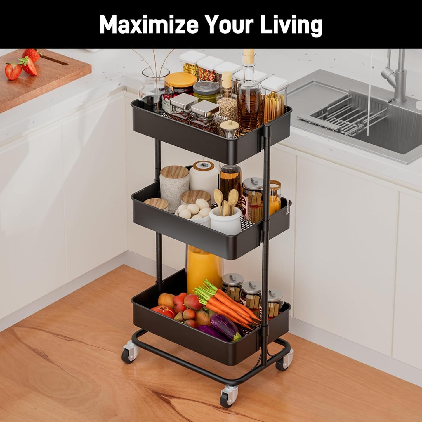 TECBOT 3 Tier Metal Rolling Cart with Wheels, Utility Storage Cart with Handle and Lockable Casters, Storage Basket Organizer Shelves, Easy Assemble for Kitchen, Living Room, Office, Nursery, Black