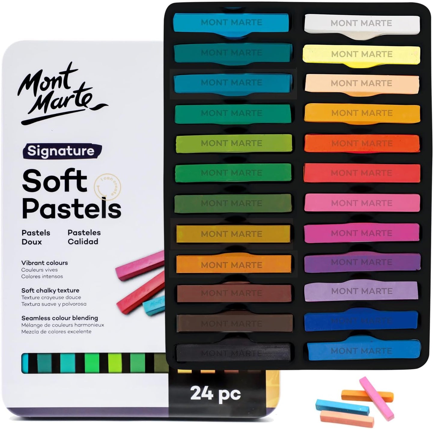 Mont Marte Soft Pastels in Tin Box Signature 24pc, 24 Assorted Colors, Vibrant Pastel Sticks, Great Blending, Comes in Storage Case, Ideal for Art, Craft, Coloring and Sketching