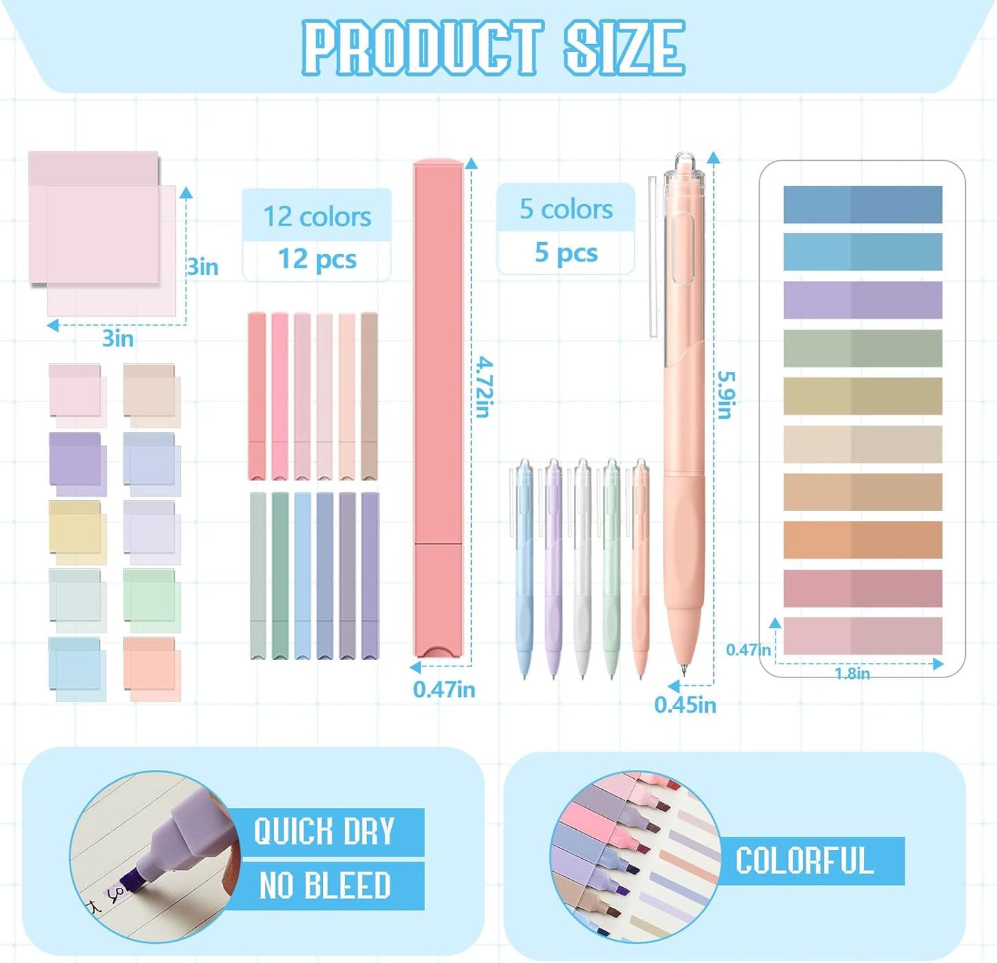 Jutom 39 Pcs Aesthetic Book Annotation Kit Highlighter with Pencil Case Bag Gel Pen Transparent Sticky Note Taking Bible Study College School Supplies(Blue,Kawaii Style)