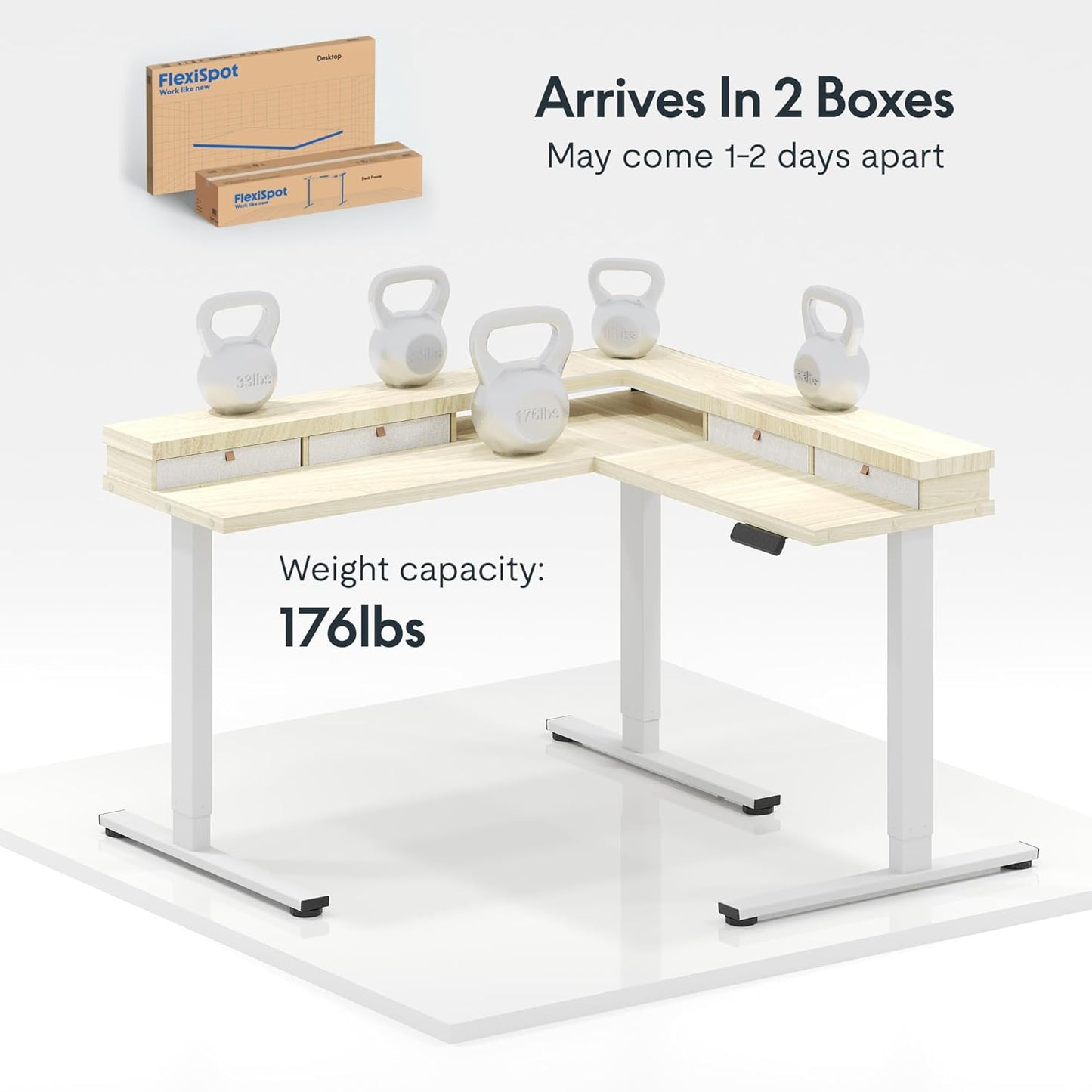 FLEXISPOT 63" L Shaped Standing Desk with Shelf Electric Corner Table, Drawers, Adjustable Computer Workstation for Home, Office,USB Charging Port, 63x55in, Light Maple Top + White Frame