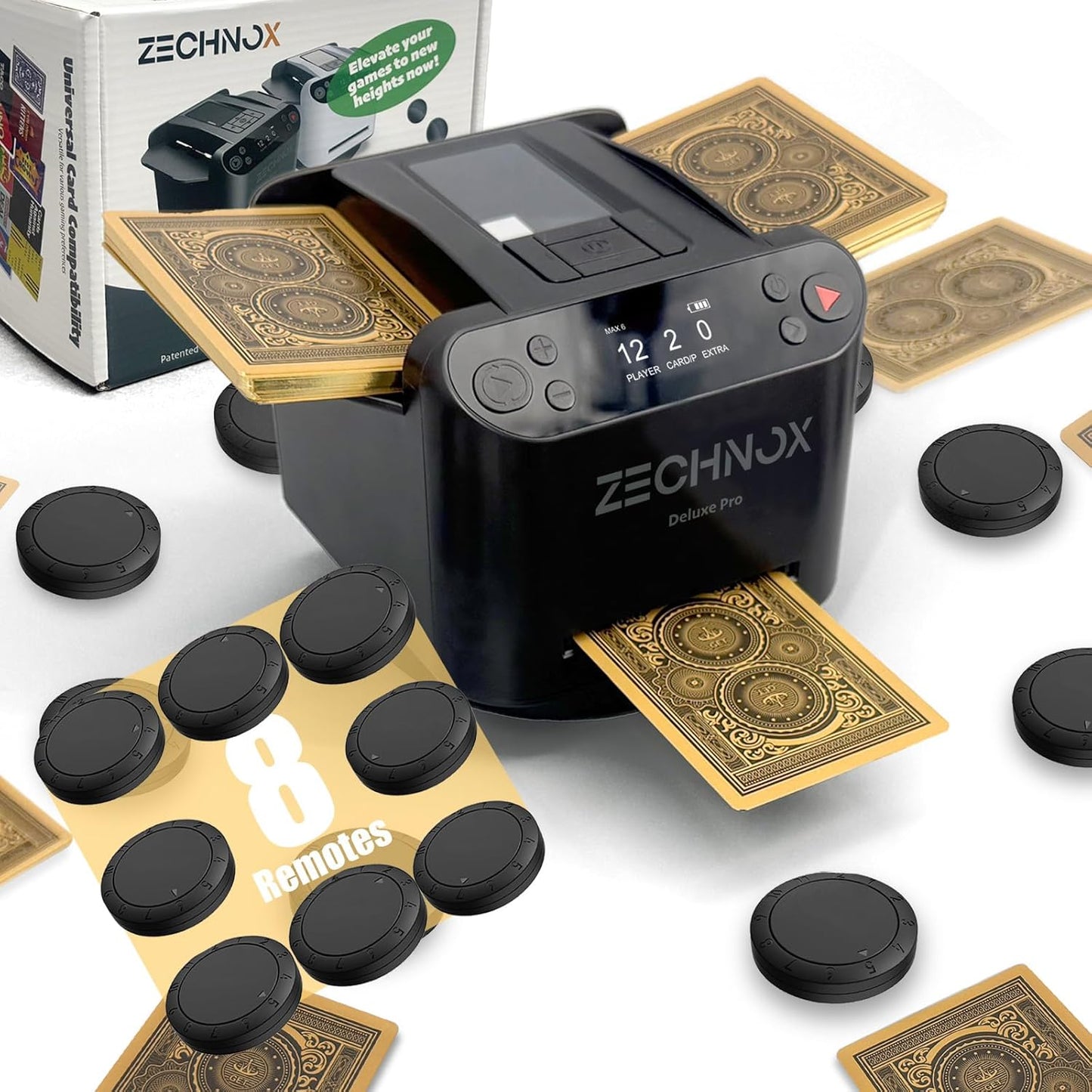 2025 New Smart 2-in-1 Automatic Card Shuffler and Dealer,Programmable Card Dealer,Card Shuffler 2 Deck,360° Rotation,Ultra Quiet,Rechargeable,Support 12 Players (Black Pro+8 remotes)