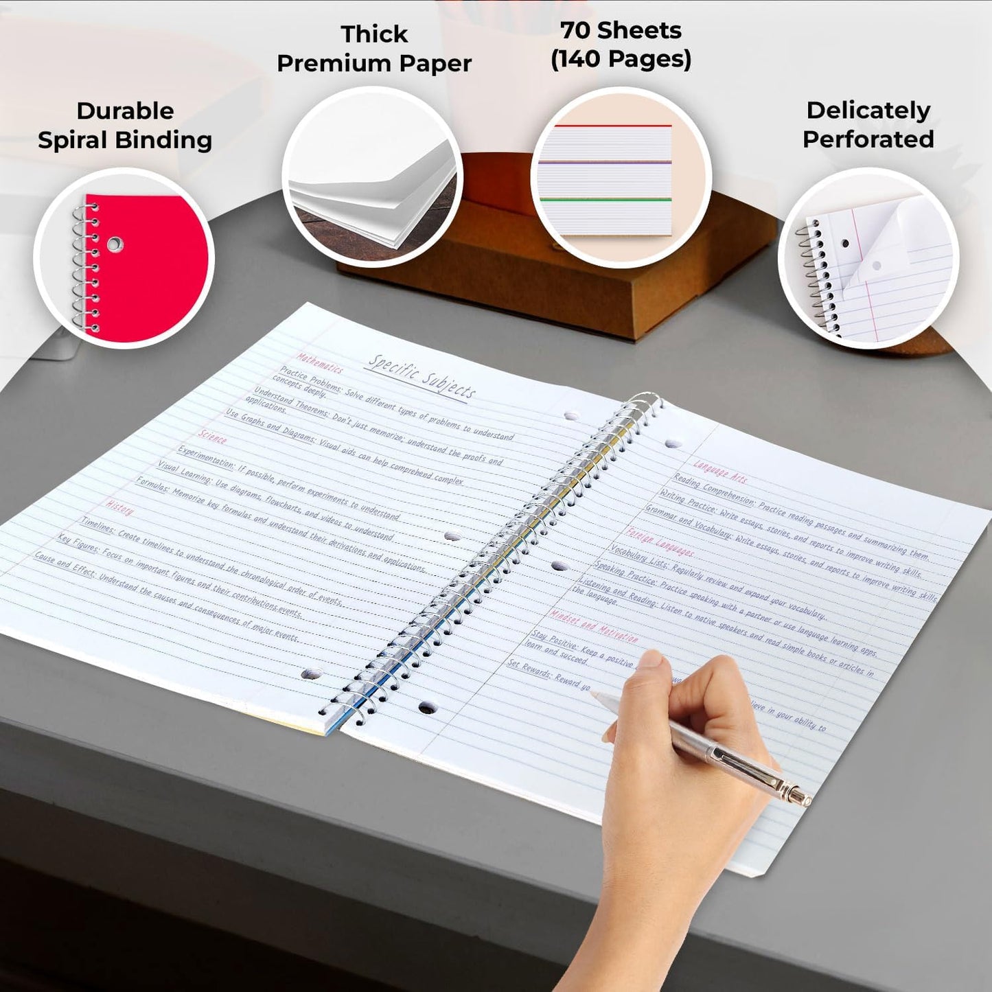 50 Pack, 1 Subject Spiral Notebook College Ruled Bulk, 140 Pages (70 Sheets), Thick No-Bleed Paper, 8 x 10-1/2", 3 Hole Punched, College Ruled Notebook 1 Subject Bulk, Subject Notebook