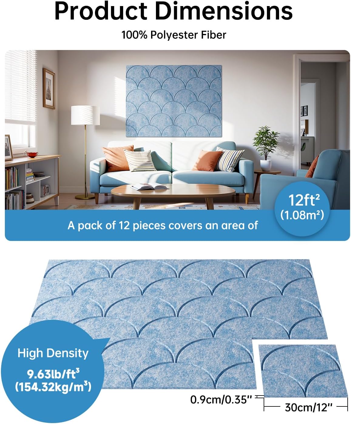 Soundsbay 12-Pack Acoustic Panels Self-Adhesive, 10.6lb/ft³ Large Shell Soundproof Wall Panels, 12" X 12" Acoustic Wall Panels for Door, Ceiling, Home Office, Sky Blue