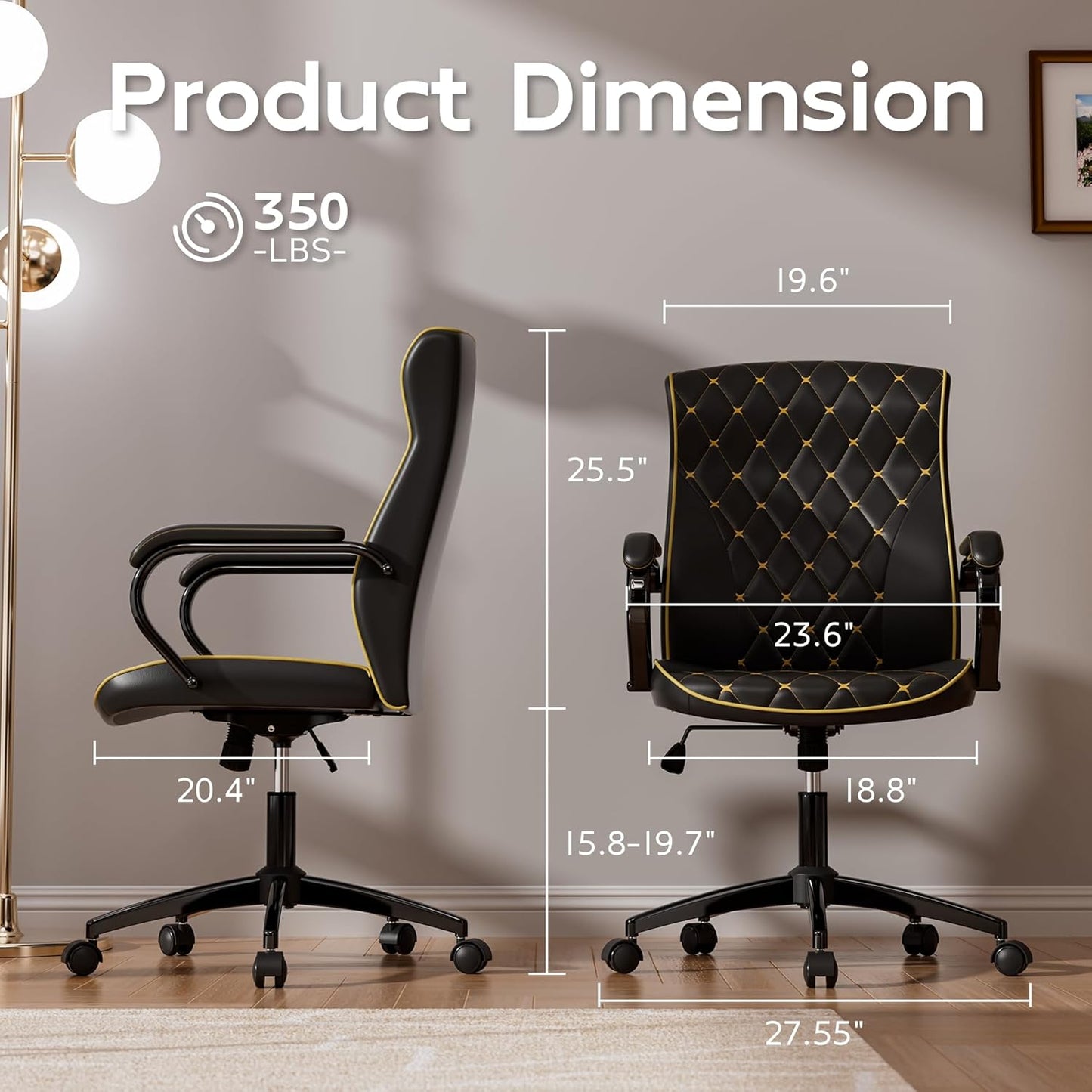 Black Office Chair with Soft Leather Embroidery, Mid Back Vintage Swivel Executive Desk Chair with Wheels and Padded Arms, Adjustable Height