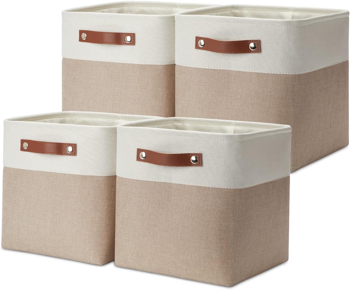 DULLEMELO 11 inch Cube Storage Bins, Large Collapsible Grey Storage Baskets for Square Cubes Organizing, Fabric Boxes Bins for Shelves Nursery Home Office Storage(4 Pack - 11" White&Khaki)