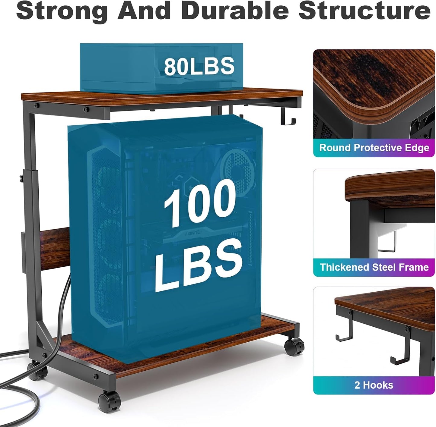 Height Adjustable Computer Tower Stand with Charge Station and USB Charging Port, 2-Tier ATX-Case Cart, Under Desk Mobile PC Stand, CPU Holder Cart with Locking Caster Wheels for Fits Most PC