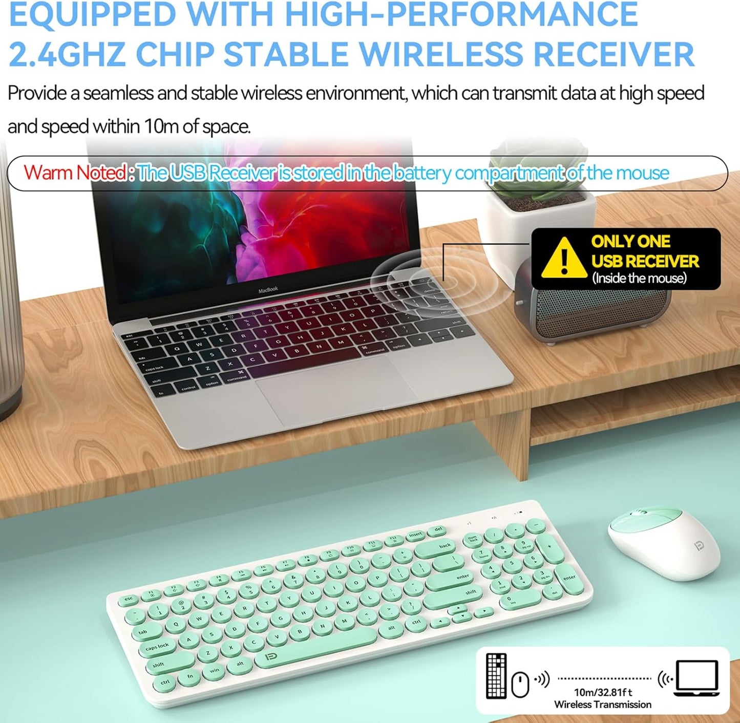 FD Wireless Keyboard and Mouse Combo - 2.4GHz USB Cordless, Cute Round Keys, Quiet and Slim Set for Laptop, Computer, TV, and Mac - Mint Green & White