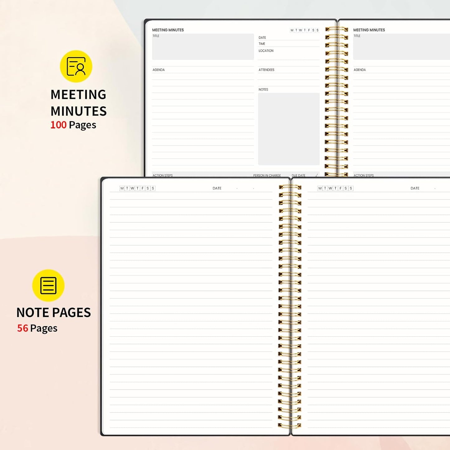 SUNEE Meeting Notebook for Work with Sticky Tabs - 160 Pages, A4 Size Project Planner, Spiral Meeting Agenda/Minutes Notebook Organizer for Women Men, Note Taking, Office & Business, 8.5"x11", Black