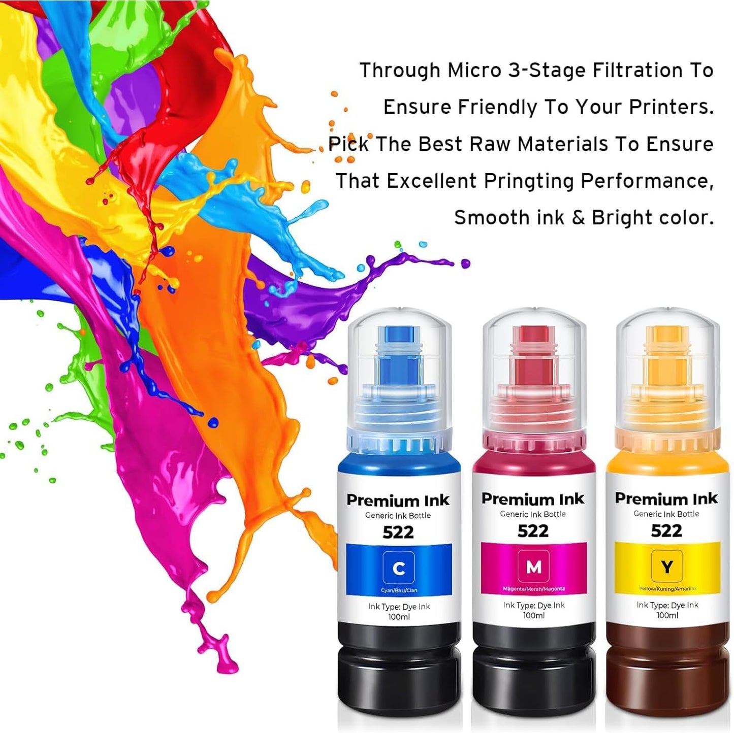 Printers Jack 522 Ink Refill Ink Bottle Kit Compatiable with T522 and Supertank ET-2800 ET-4700 ET-4800 ET-2710 ET-2720, ET-2803 Printer, (2BK C M Y)