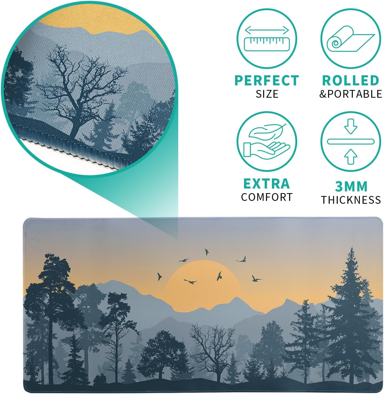 Mountain Gaming Mouse Pad 27.6x11.8 Inch Forest Large Mousepad Extended Grey Mousepad Gaming Non-Slip Rubber Base Stitched Edges Keyboard Mouse Mat Desk Pad for Office Home and Game