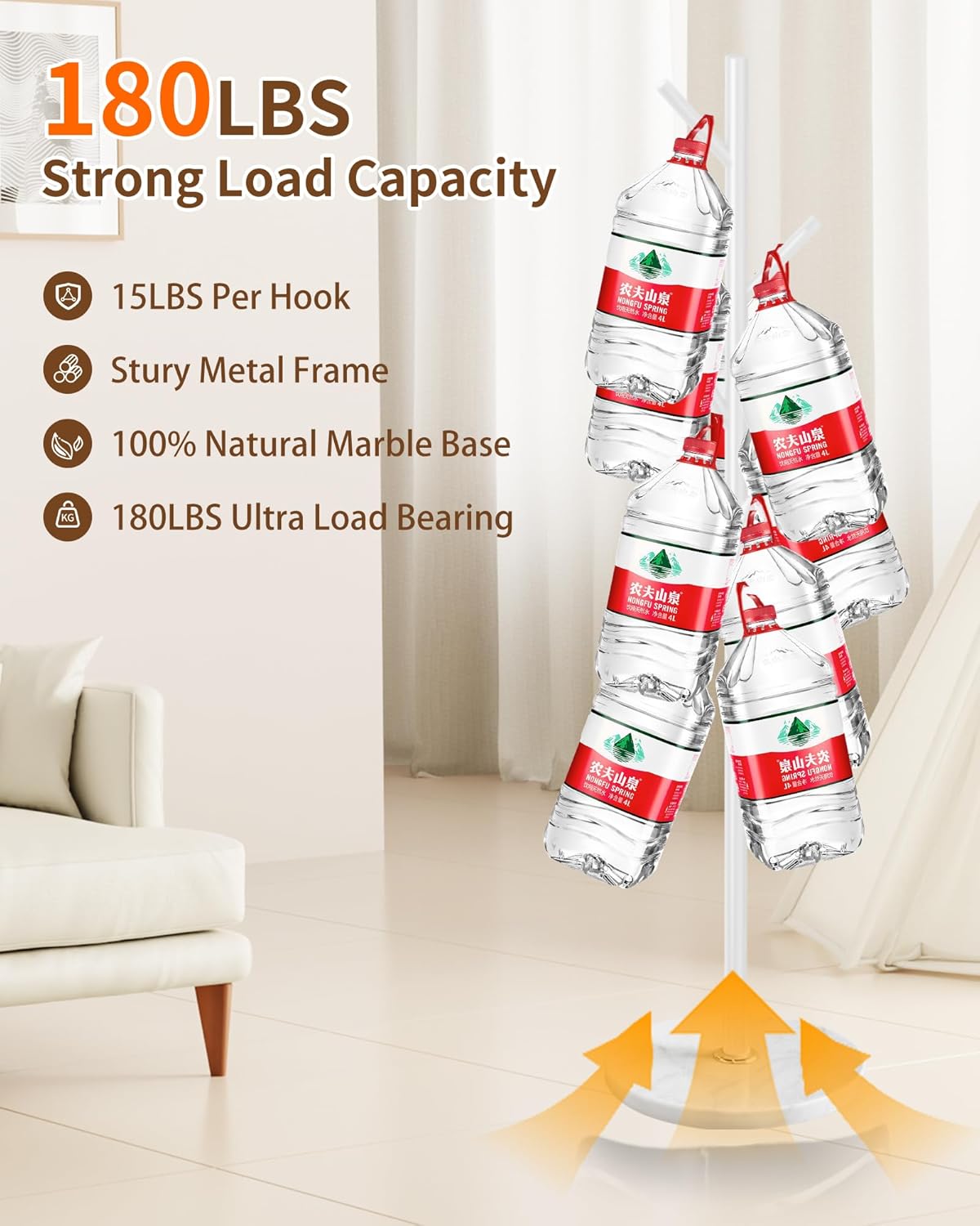 EZIVIEZ Modern Coat Rack Stand, Metal Freestanding Coat Rack with Natural Marble Base, White Coat Racks with 8 Hooks and Coat Hanger Tree Jacket Stand for Office, Entryway, Hallway