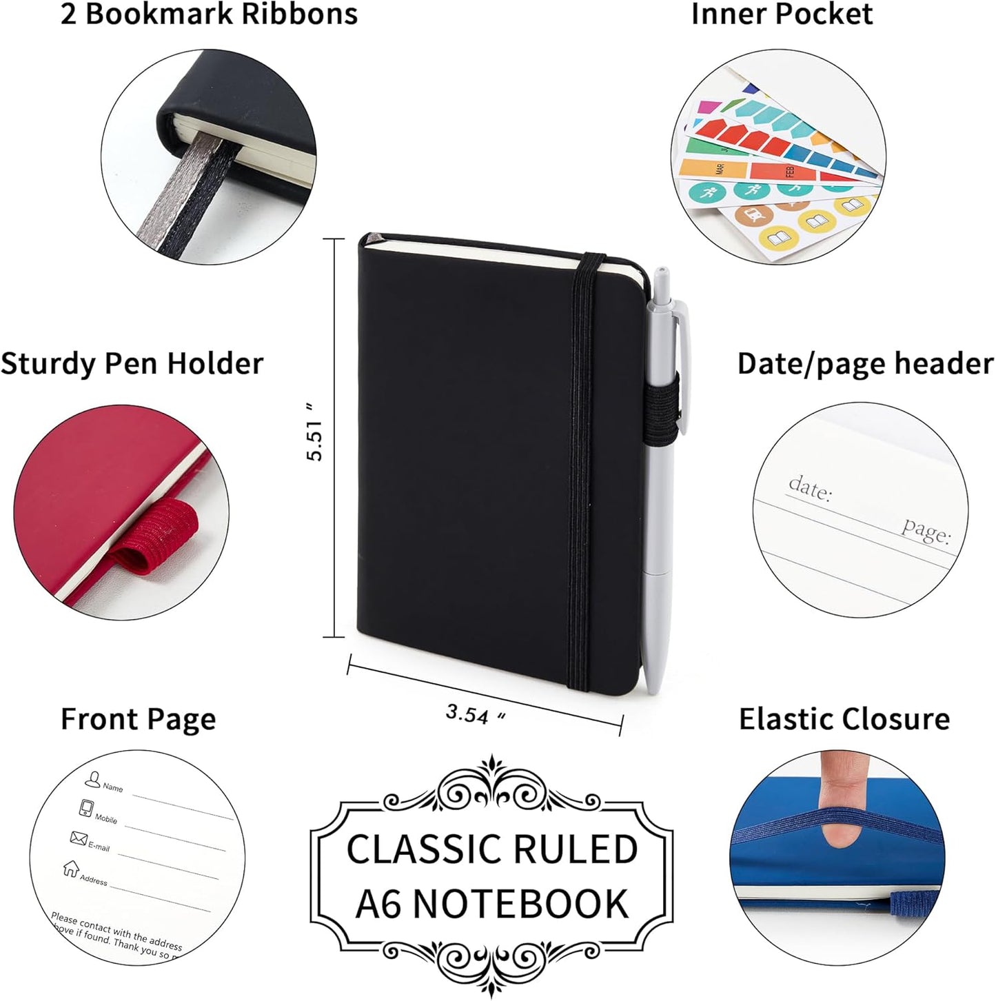 feela Pocket Notebook Notepad, Mini Cute Small Hardcover College Ruled Journals Office School Supplies, with 3 Black Pens, 3.5”x 5.5”, 3 Pack, A6, Vintage Colors, Red, Blue, Black