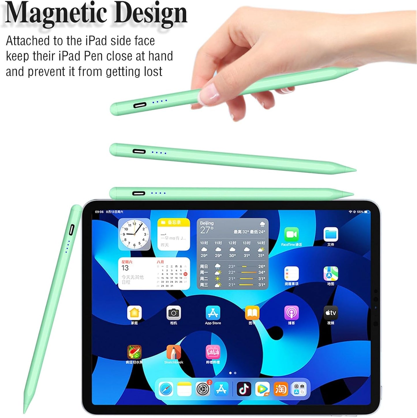 Active Stylus Pens for Touch Screens Magnetic Type-C Charging Tablet Pen with 4 POM Tips iPad Pencil Stylus Pen for iPad/Pro/Air/Mini/iPhone/Samsung/Android and Other Smartphone Device-Green