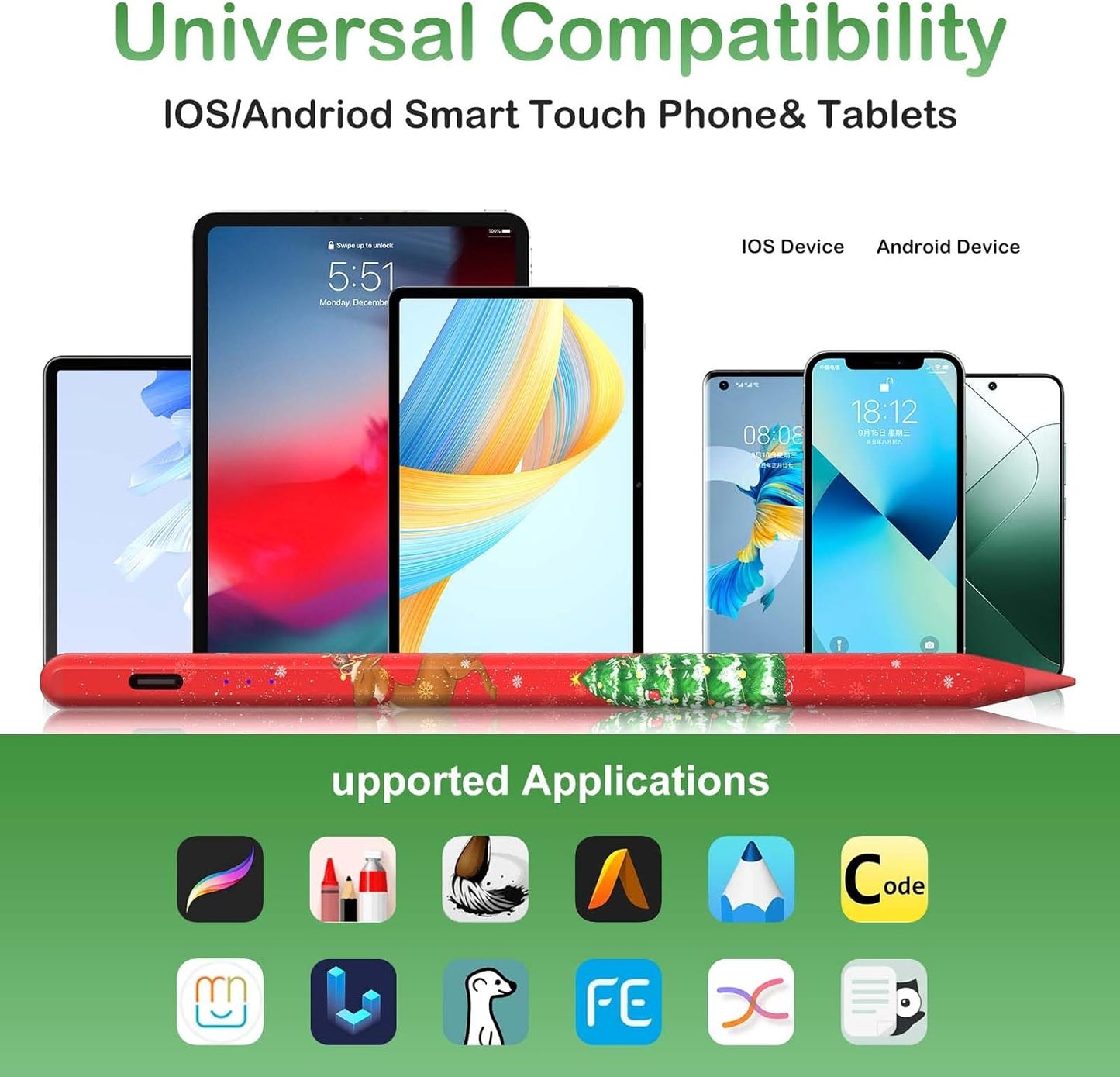 Universal Stylus Pen Compatible for iOS&Android Touch Screen, Pencil with Dual Touch Function,Rechargeable Stylus for iPad/iPad Pro/Air/Mini/iPhone/Cellphone/Samsung/Tablet Drawing&Writing (Red)