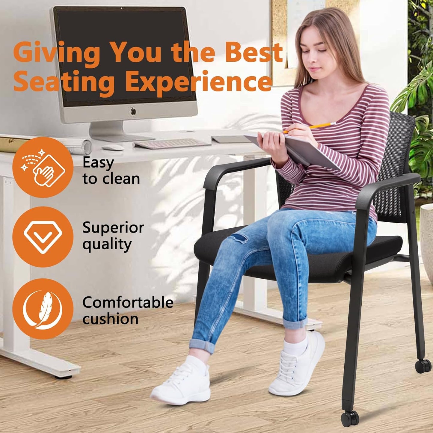 CLATINA Mesh Back Guest Reception Arm Chairs with Wheels, Waiting Room Chairs with Upholstered Fabric Seat and Ergonomic Lumbar Support for Office