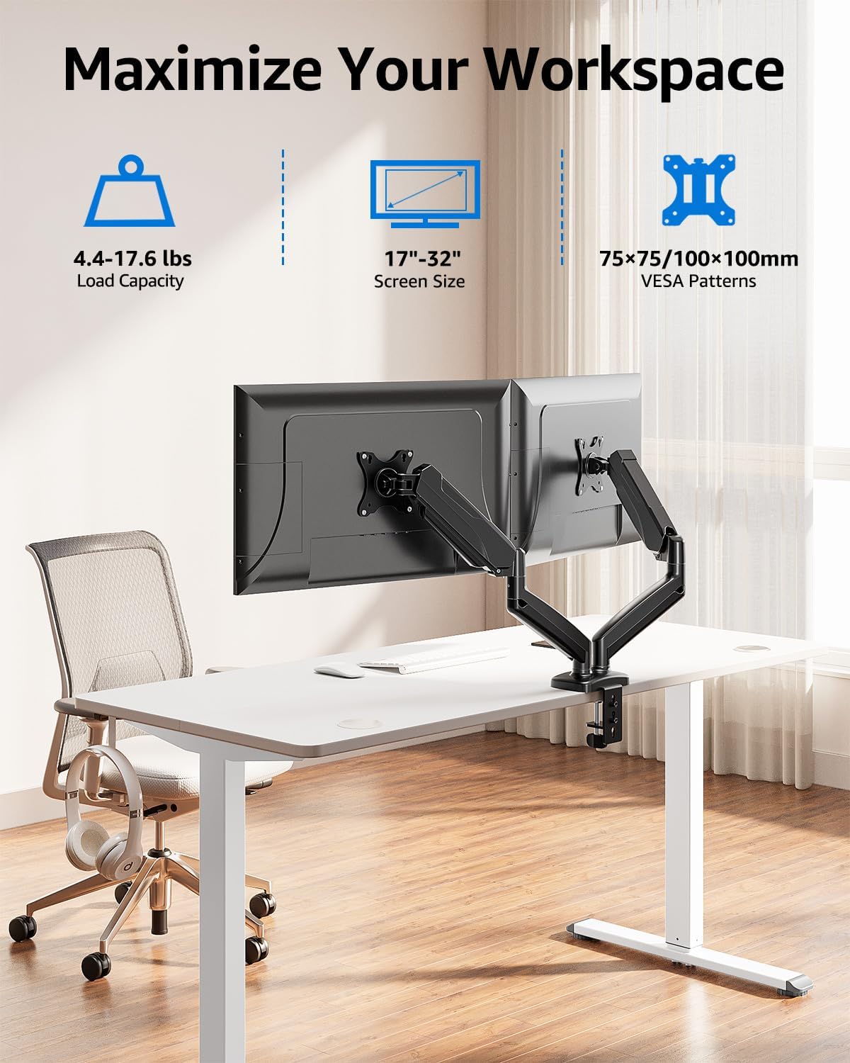 MOUNTUP Dual Monitor Stand for Desk, Pneumatic Monitor Arms for 2 Monitors 32 27 24 22 Inches, Height Adjustable Double Monitor Mount, VESA Mounts with C-Clamp & Grommet Base, Holds 4.4-17.6lbs, Black