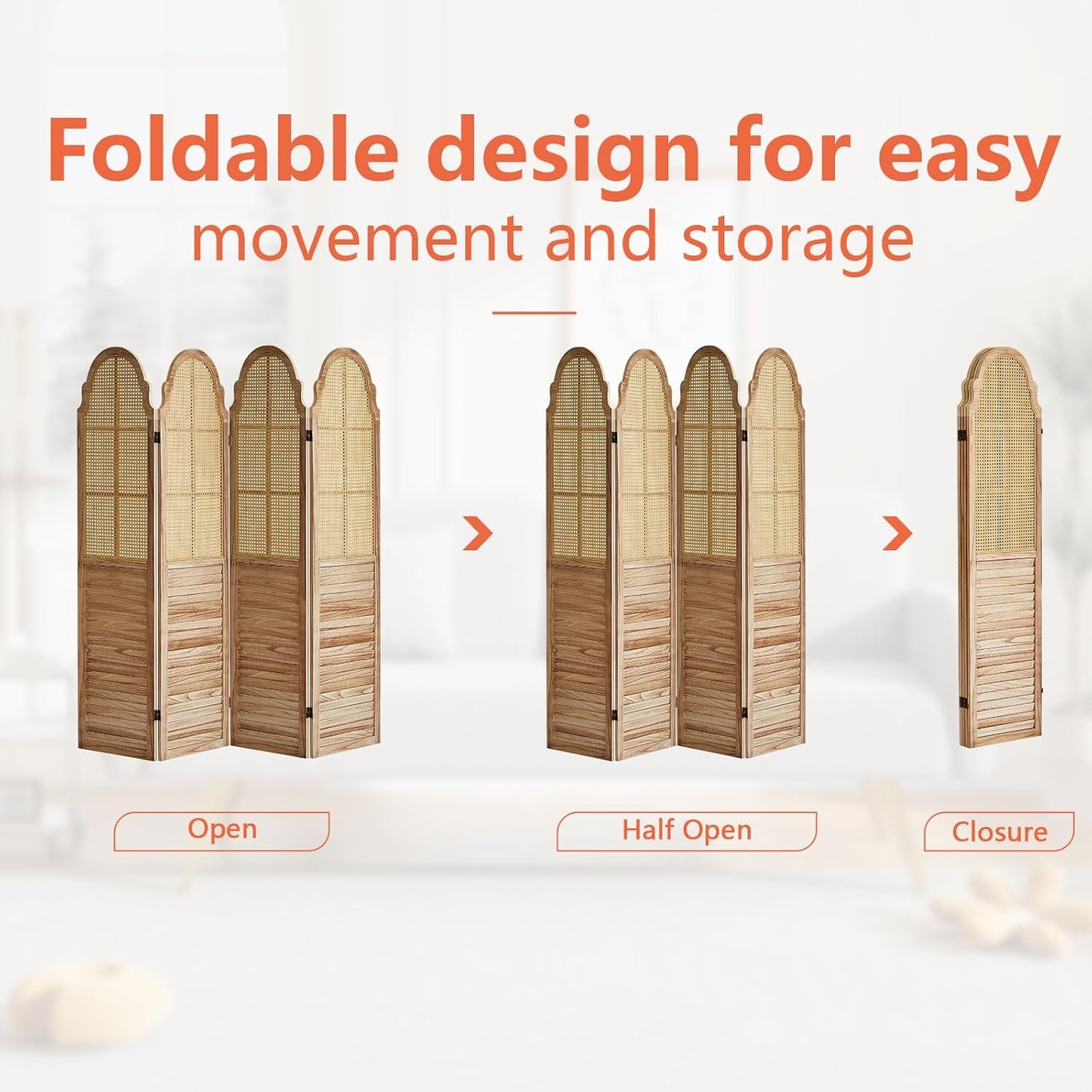 4 Panel Rattan Folding Screen Room Divider, Privacy Dividers for Rooms, Louvered Partition Dividers, Room Divider Panel for Bedroom, Dressing Room, Balcony, Light Brown