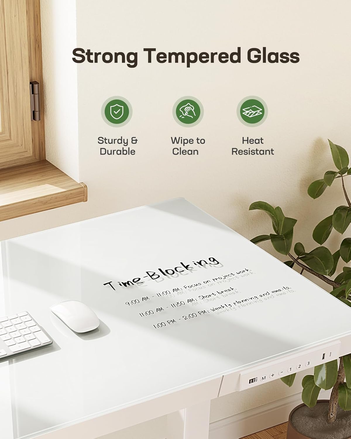 Marsail Glass Standing Desk with Drawer, 48 x 24 inch Electric Standing Desk, Height Adjustable Desk with One-Piece Tabletop & USB Charging Ports, Sit Stand Desk with Storage for Home & Office White