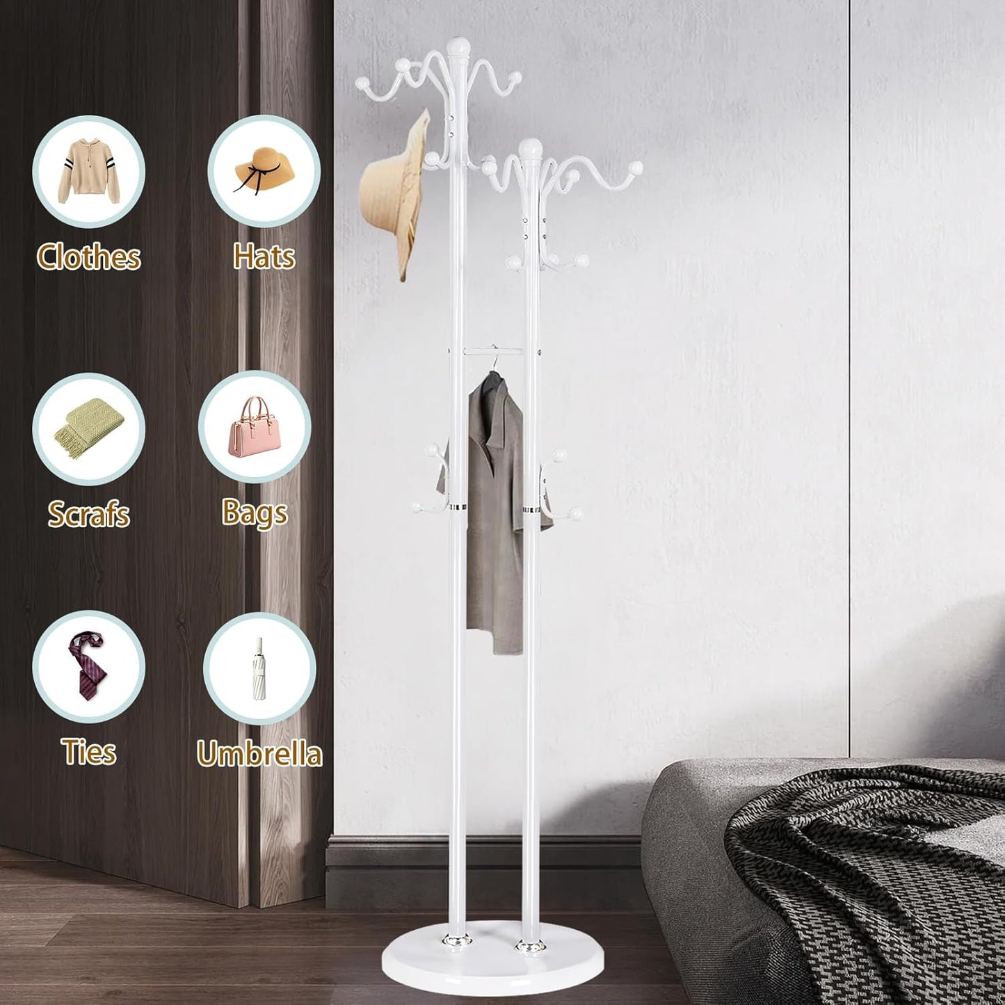 Metal Coat Rack with 17 Hooks, Double-pole Freestanding Coat Racks, Modern Coat Rack Stand and White Standing Coat Tree Holder Stand for Entryway