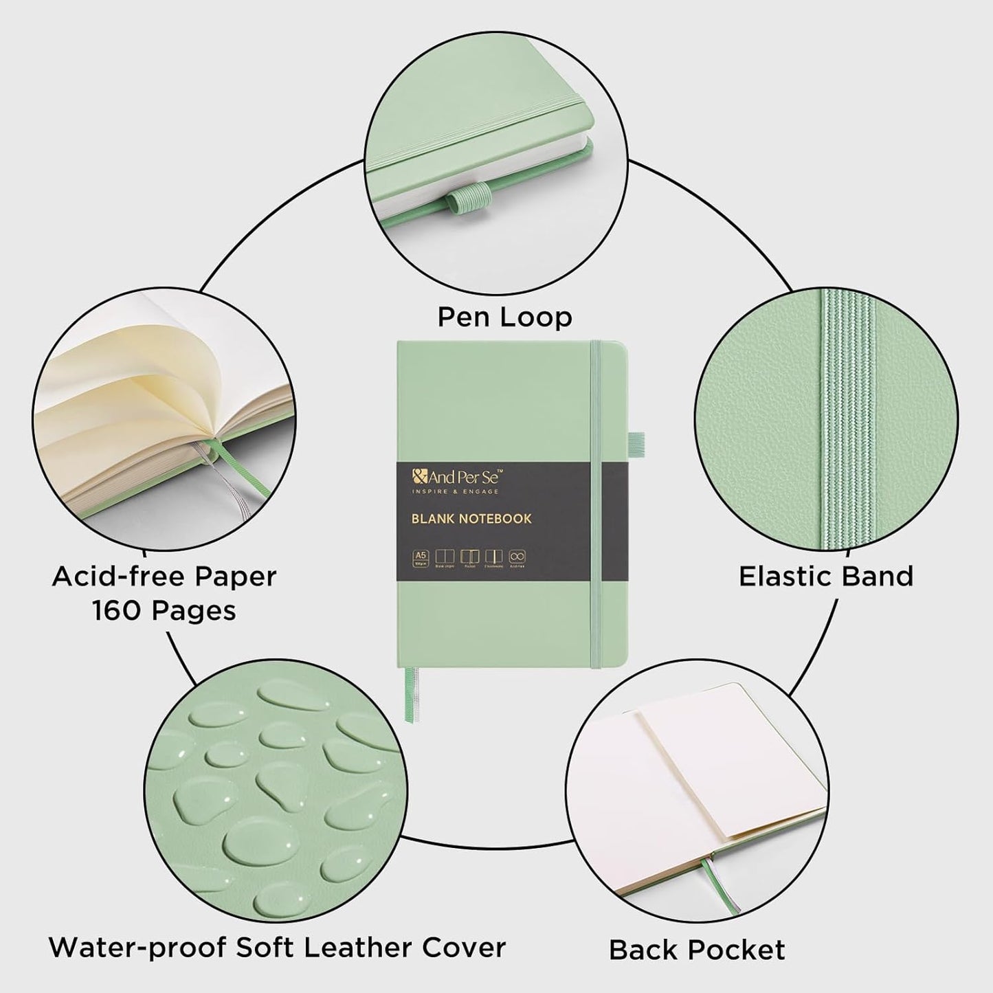 &And Per Se Blank Journal Notebook, 160 Pages, 5.7 x 8 inches College Ruled Thick Paper Notebook Journals for Writing, Hardcover Notebook(1 Pack, Light Green)