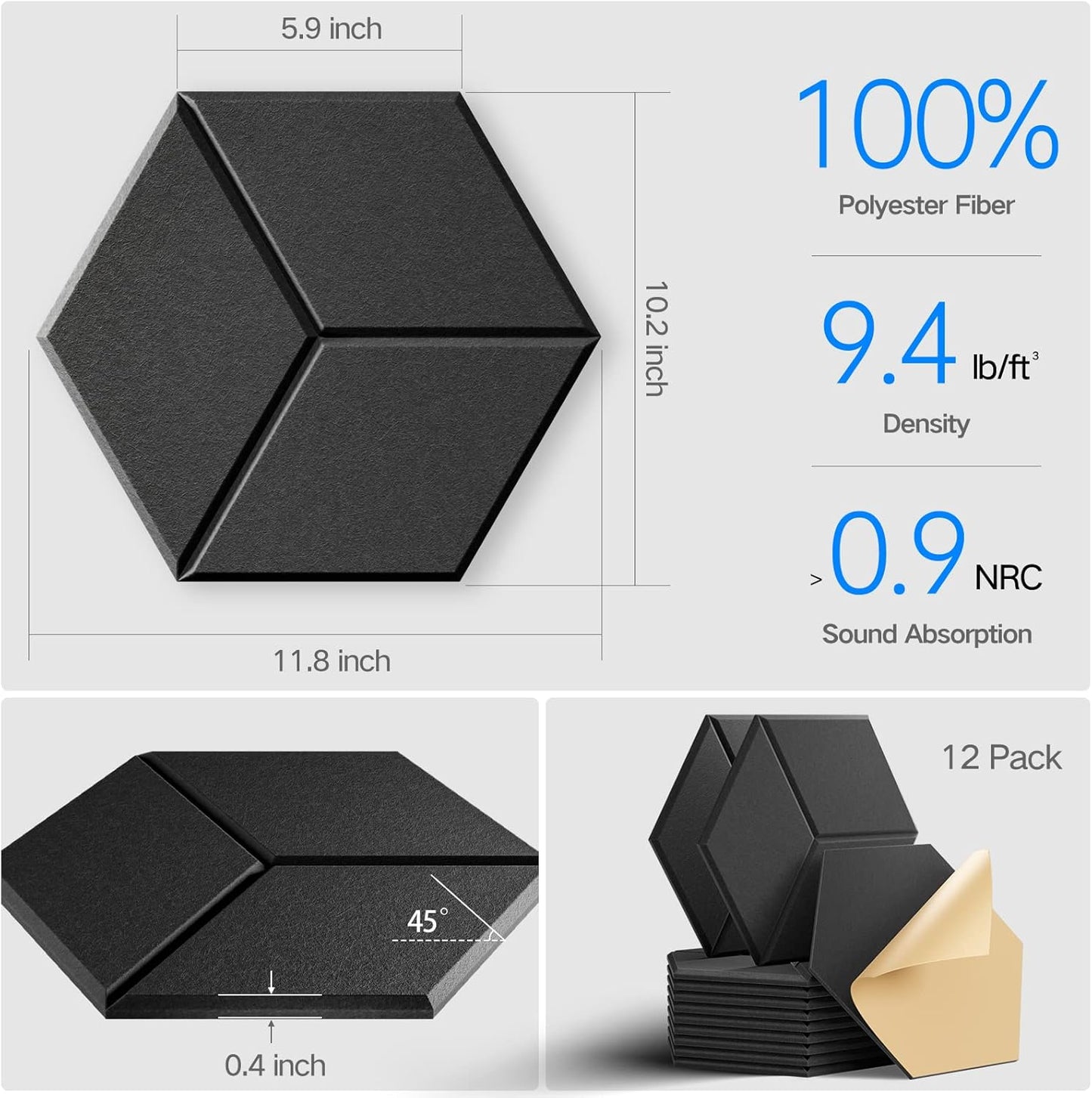 22 Pack Self-adhesive Acoustic Panels 12" X 10" X 0.4" - Sound Proof Foam Panels with High Density, Fashionable Y-Lined Design, Flame Resistant, Absorb Noise and Eliminate Echoes(Black)