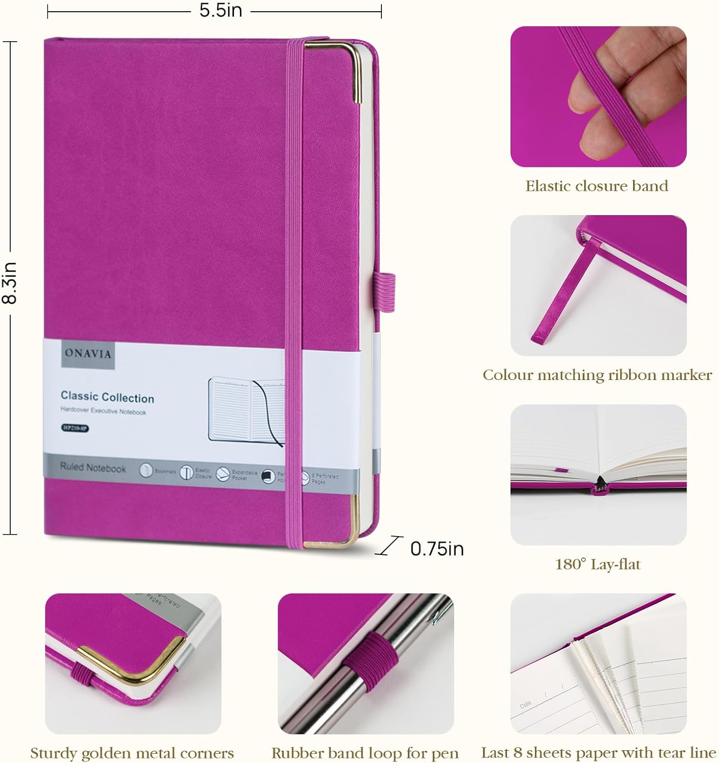 A5 Lined Journal Notebook - 100 GSM Thick Paper, Hardcover Journaling Notebook for Writing, Work, Travel, School, College Ruled Journal for Women Men, PU Leather Note Book, 5.5”x8.3”- Raspberry