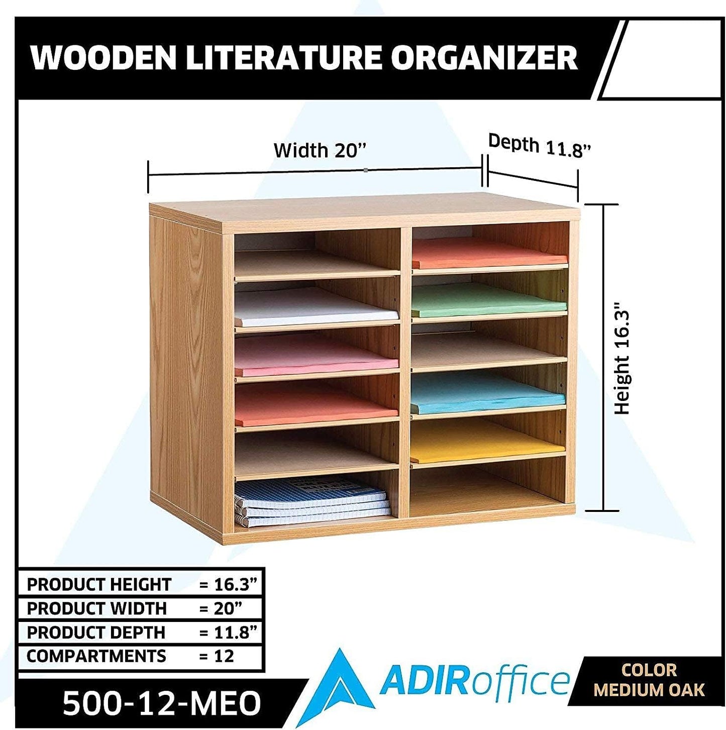 AdirOffice Wooden Adjustable Literature Organizer, 12 Compartment Office Mailbox, or Classroom Literature Organizer, Medium Oak