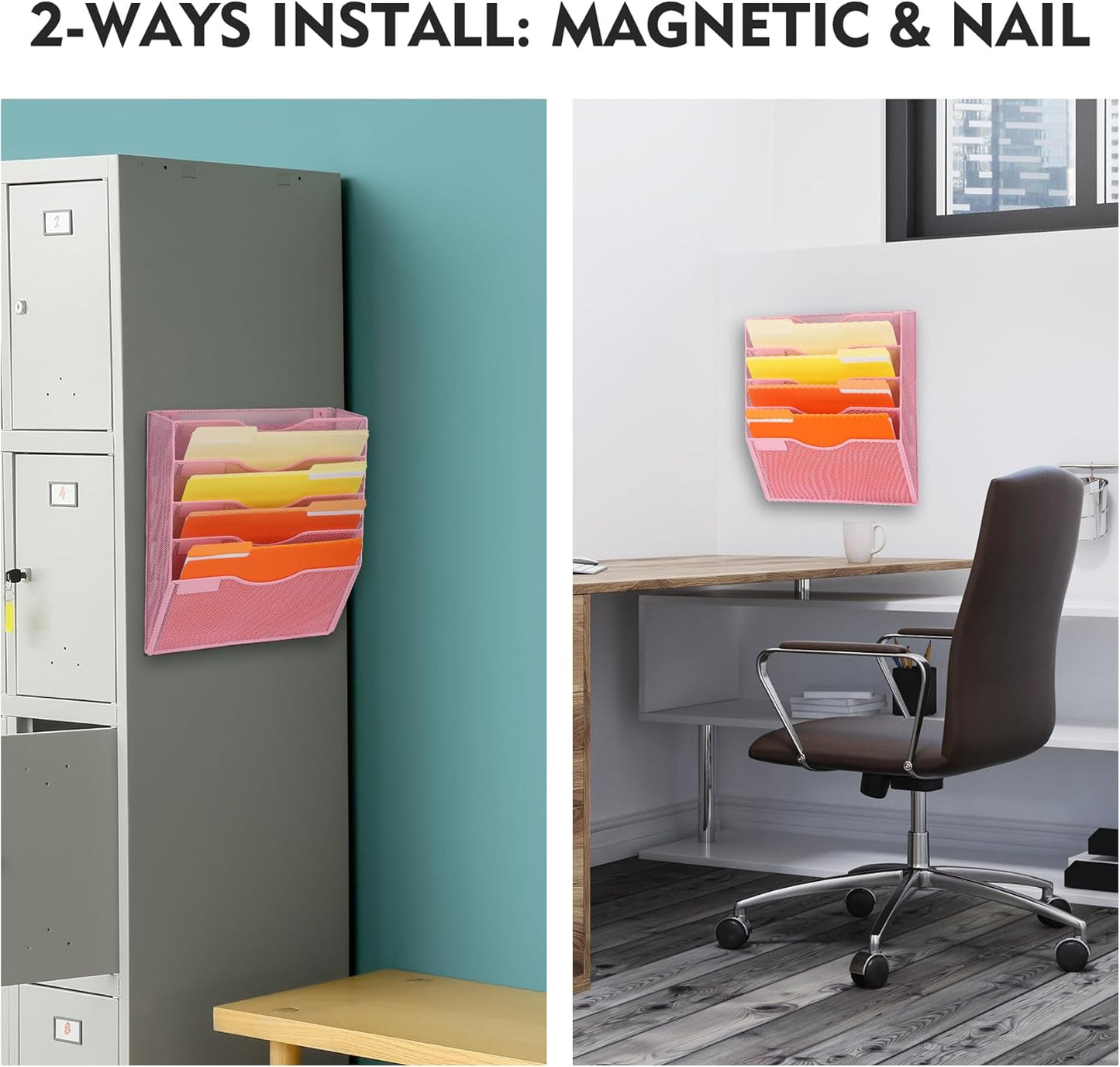 EASEPRES Magnetic 5 Pocket Mesh Hanging File Organizer, Wall Mounted Mail Paper Document Folder Holder, Clipboard Storage Organization Magazine Rack with Nametag Label for Office Home School, Pink