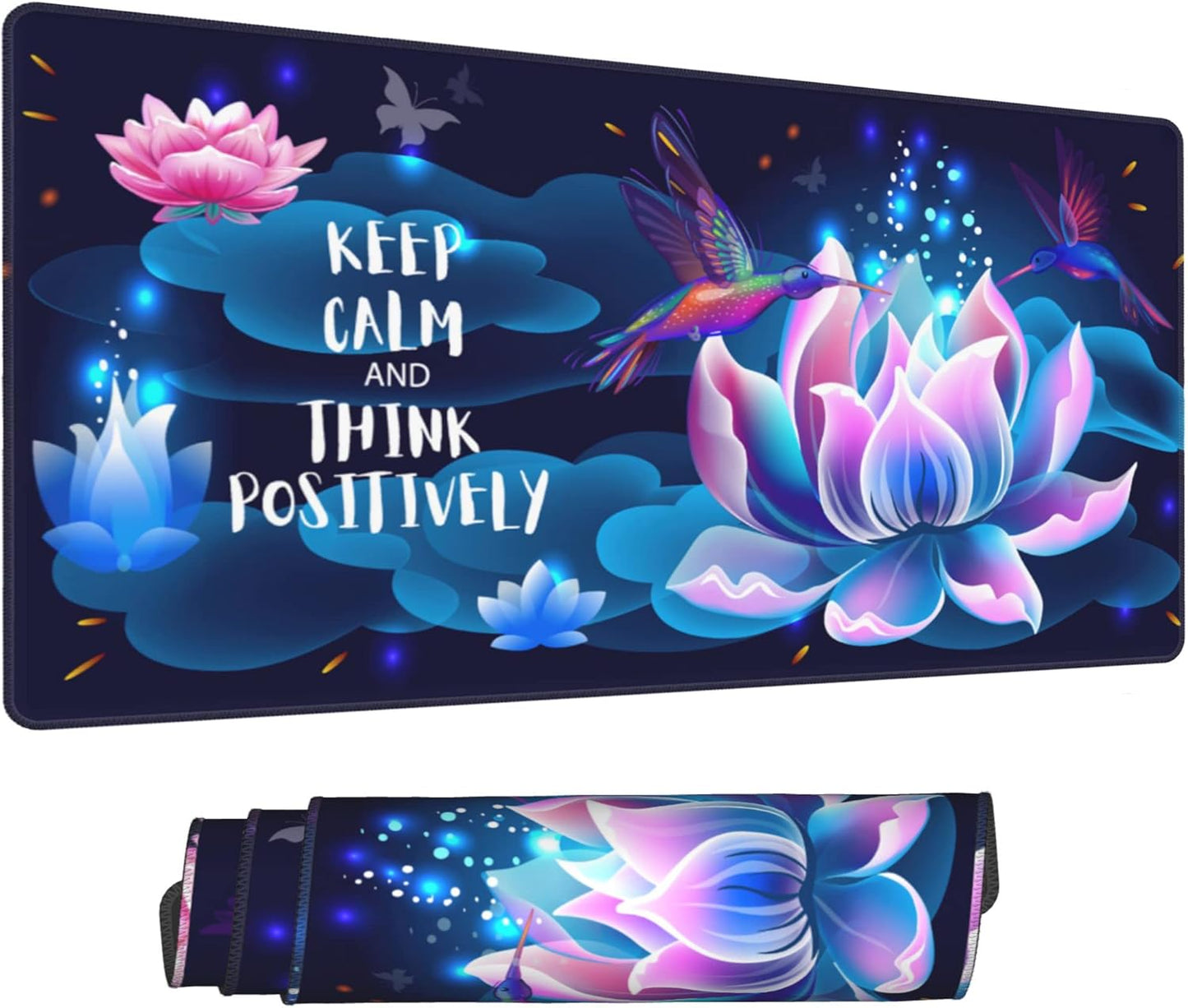 Desk Mat,Hummingbirds and Lotus Extended Gaming Mouse Pad for Office Work & Game,Computer Keyboard Mouse Mat Desk Non-Slip Rubber Base Large Mousepad with Stitched Edges, 31.5x15.7inch