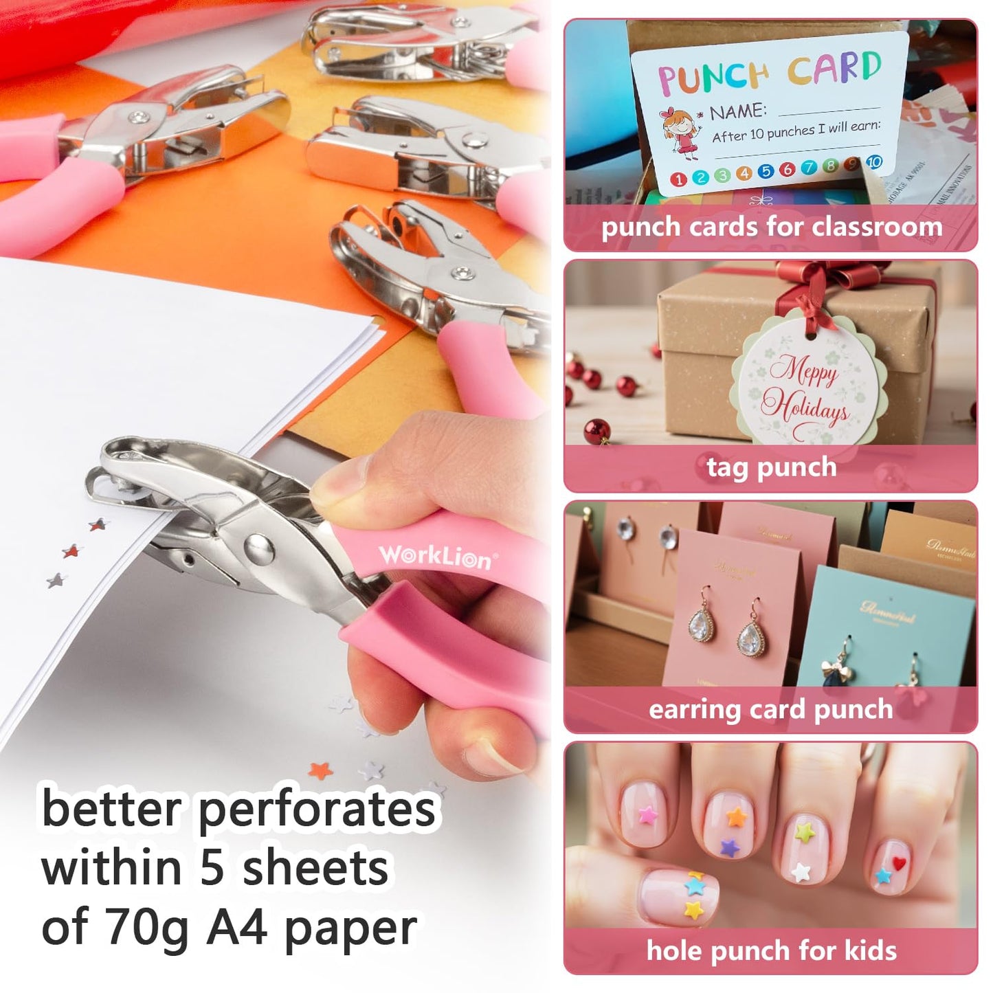 5pc Mini Shaped Hole Punch:Worklion Hand Paper Puncher Easy to Get Star Hole Punch,Heart Hole Punch,Round Hole Puncher(1/4", 1/8", 1/16") on Paper Crafts,Cards for Kids or DIY Crafters
