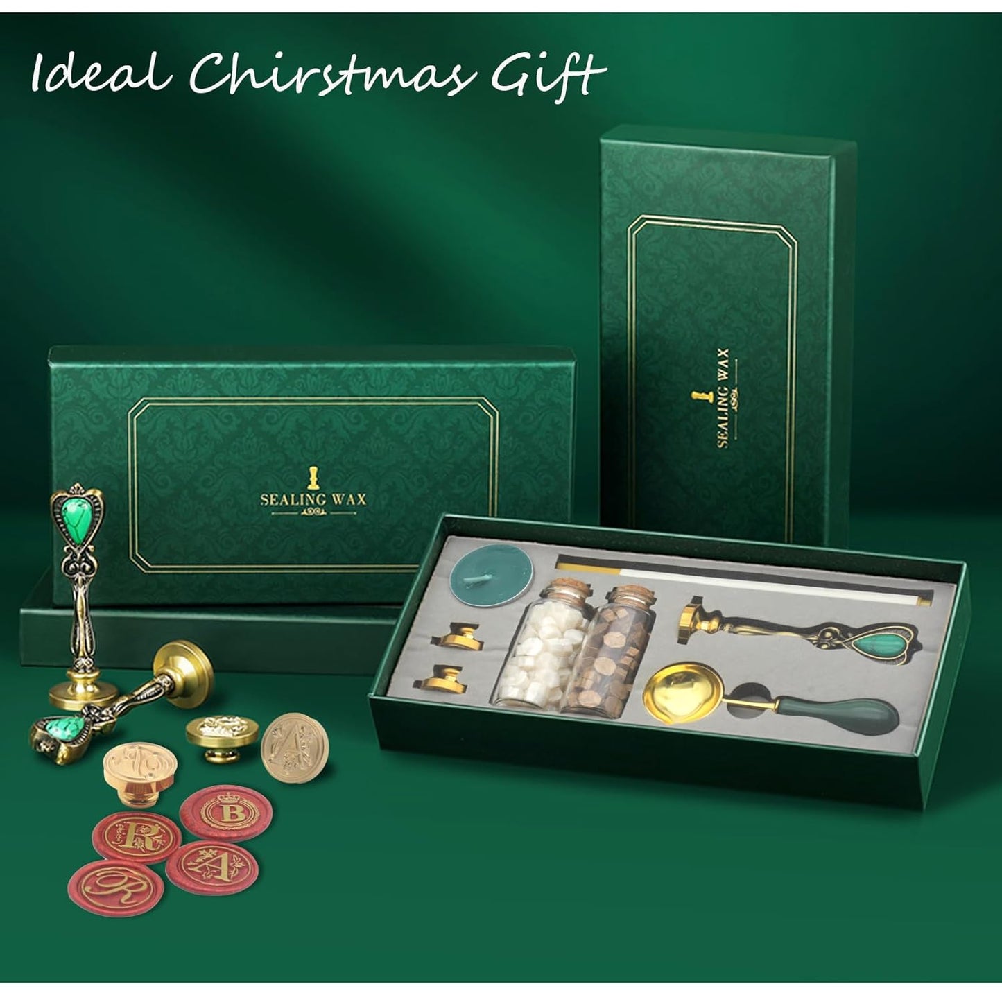 Letter Wax Seal Kit with Initial Alphabet C Wax Seal Stamp Head 3pcs, Pearl White and Vintage Gold Stamp Sealing Beads, Spoon, Metallic Gold & Silver Pen, Vintage Gift Box Set