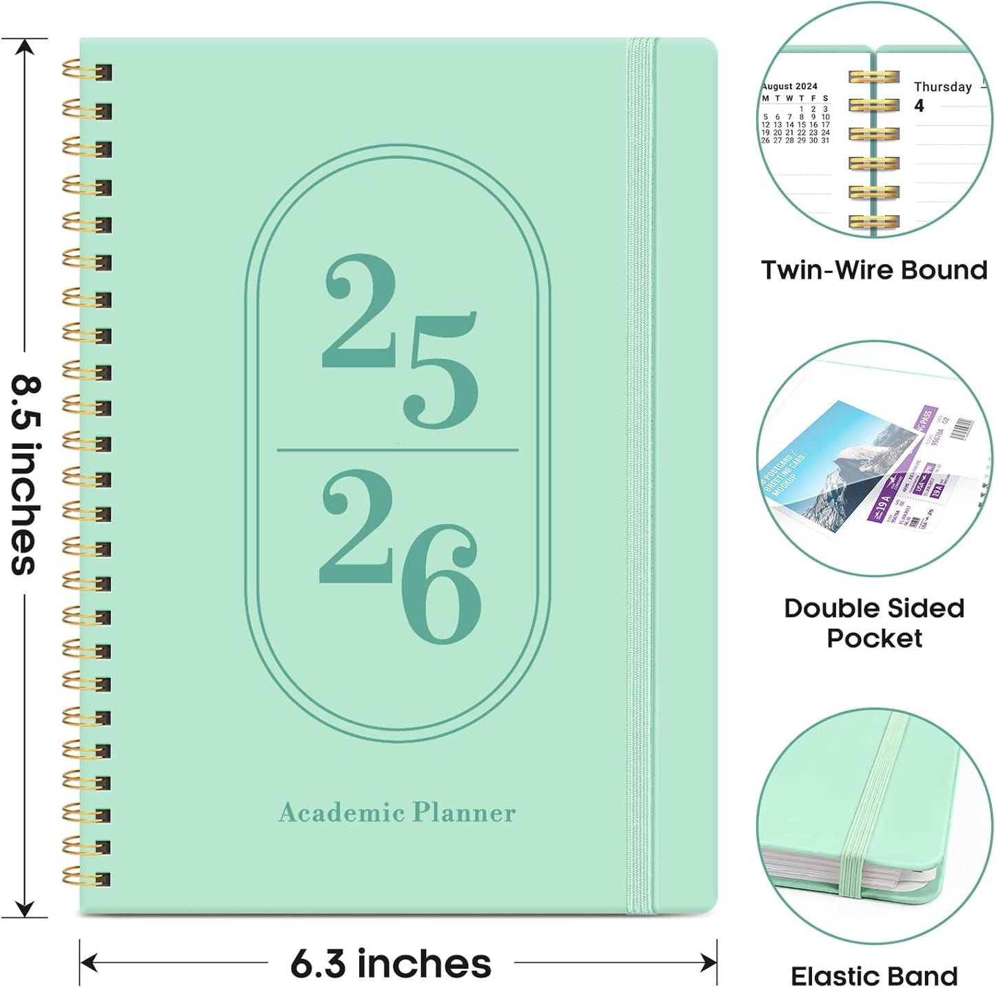 Planner 2025-2026, Academic Year Weekly and Monthly Calendar Planner, July 2025 - June 2026, Spiral Bound School Planning Tool, Perfect for Teacher, Student, Woman & Men - A5 (6.3" x 8.5"), Seafoam