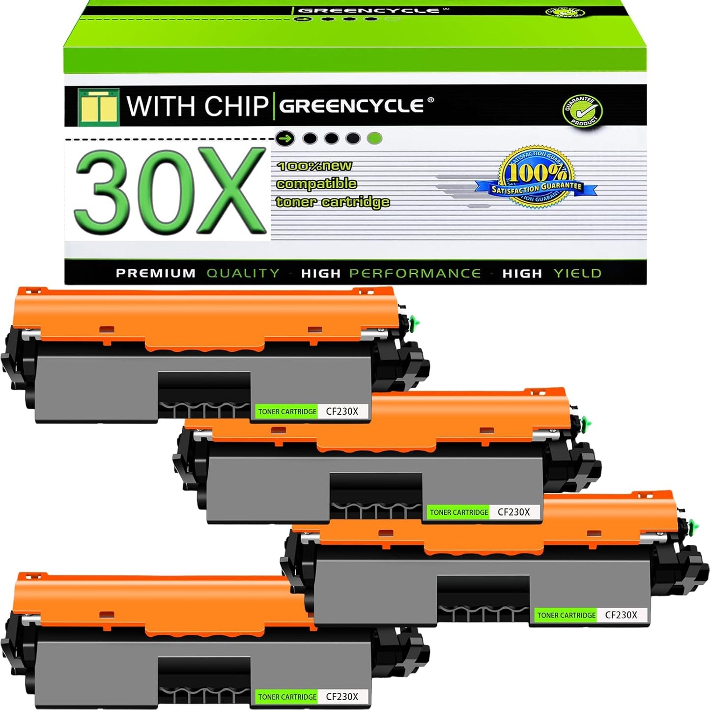 greencycle 4 Pack High Yield CF230X Toner Cartridge Replacement Compatible for HP 30X Black Toner Cartridge Laserjet Pro MFP M227fdw M227fdn M227sdn M203dn M203dw M203d Printer Ink Cartridge (4PCS)