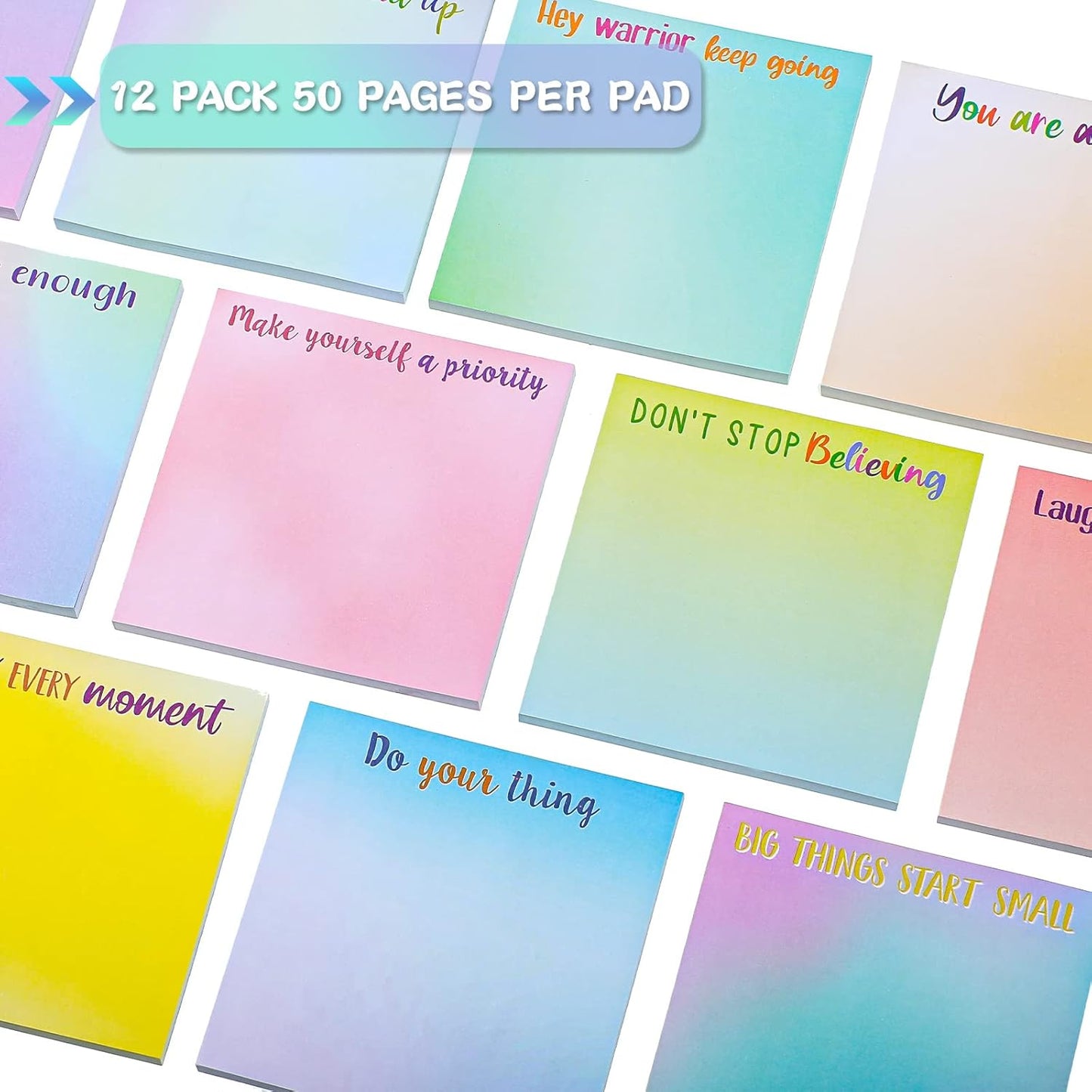 Zonon 12 Pieces Inspirational Sticky Notes 3 x 3 Inch Motivational Fun Notepads Positive Gifts for Teacher Nurse Coworkers Work Studying Supplies(Watercolor Style)